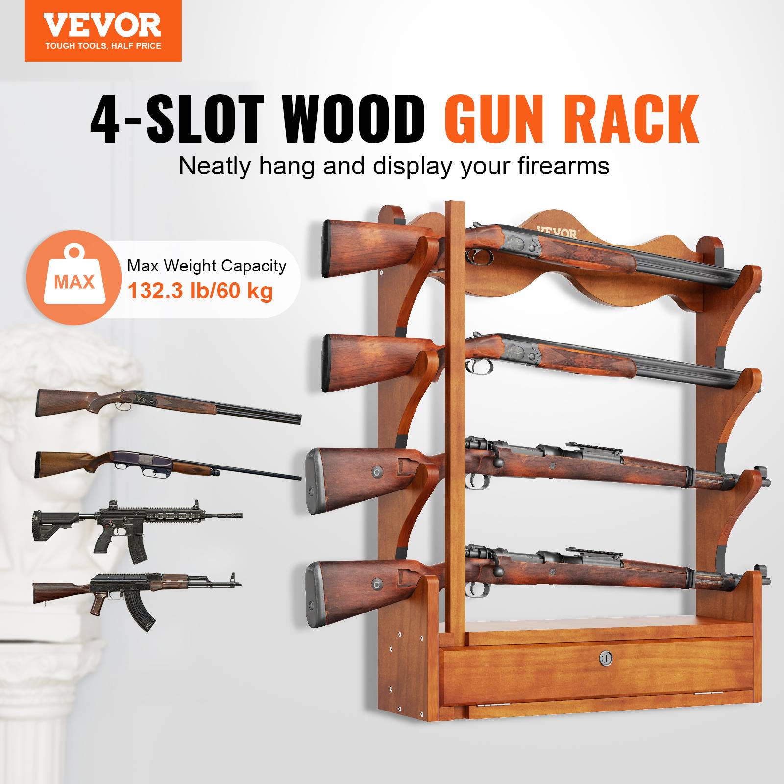 VEVOR Support mural arme à feu, bois, 4 fusils. Charge 60 kg, rembourrage doux. Exposition, rangement. - Image 2