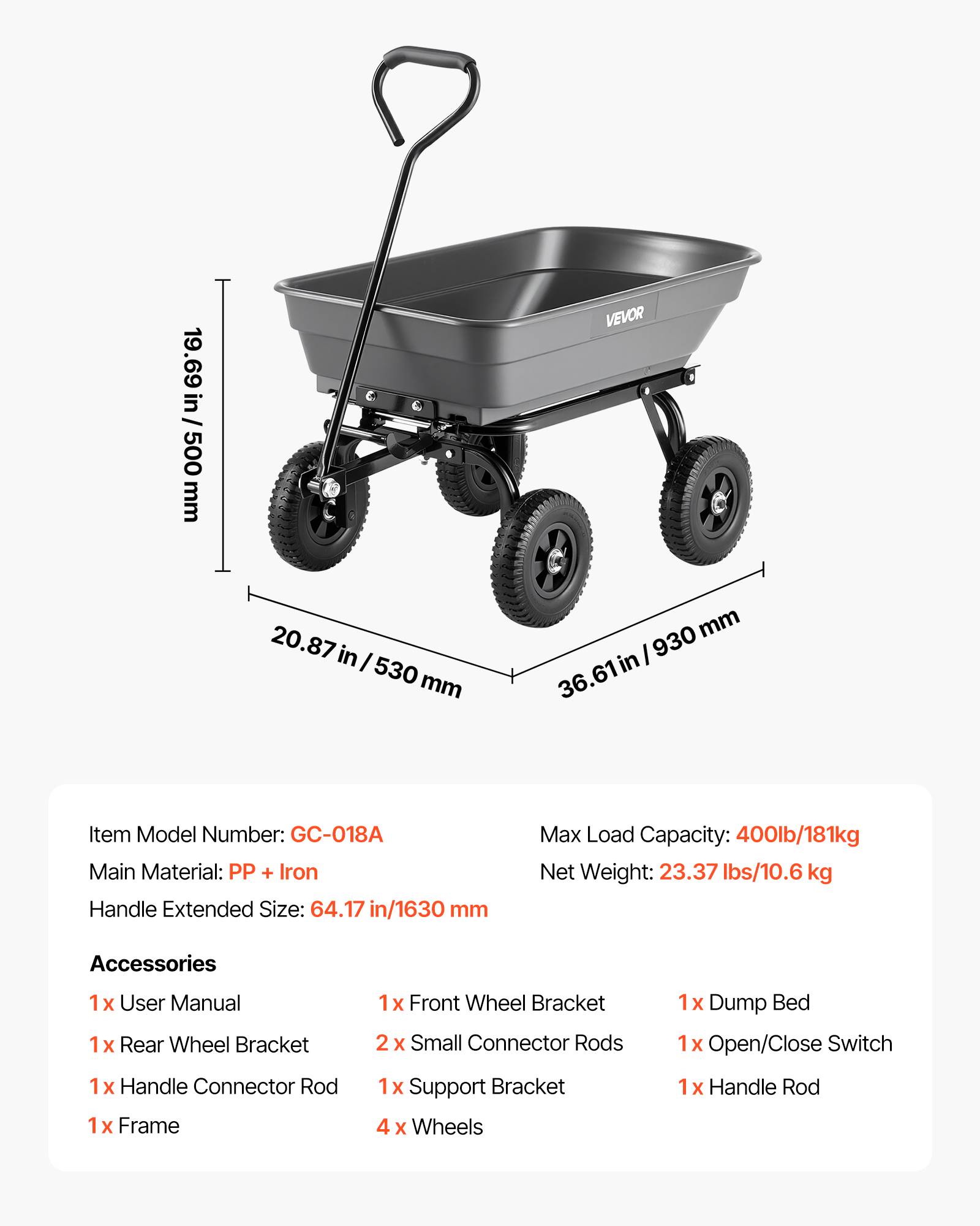 VEVOR Chariot de Jardin Basculant Chariot Benne PP Max. 181 kg Basculement à 90° - Image 7