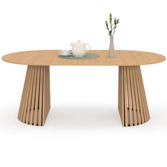 Table à manger extensible ronde CARMEN 4-10 personnes pied bois en lattes et plateau bois 110-200 cm - Image 2