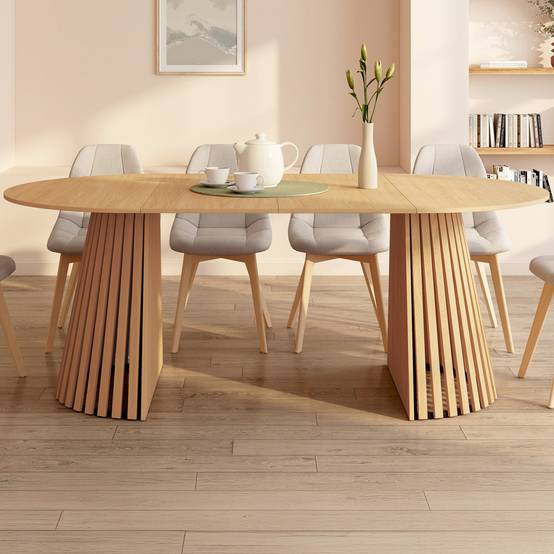 Table à manger extensible ronde CARMEN 4-10 personnes pied bois en lattes et plateau bois 110-200 cm - Image 1