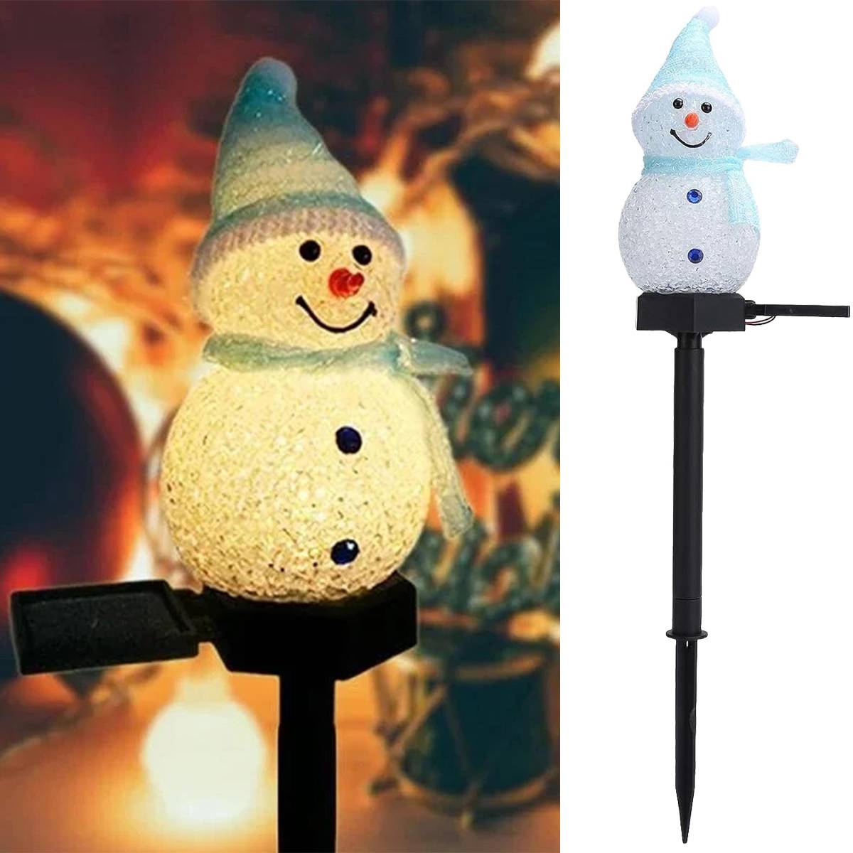 Lumière solaire de bonhomme de neige de noël avec piquet, lumières solaires de chemin de noël, décoration extérieure pour cour, jardin, pelouse-bleu