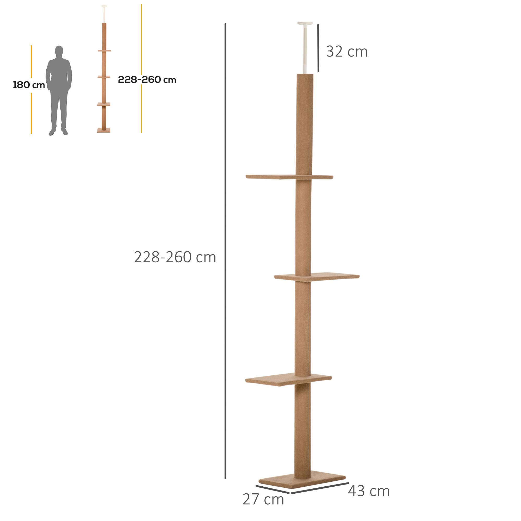 Pawhut - Arbre à chat poteau à griffer hauteur réglable dim. 43L x 27I x 228-260H cm 4 niveaux d'activités marron - Imagen 3
