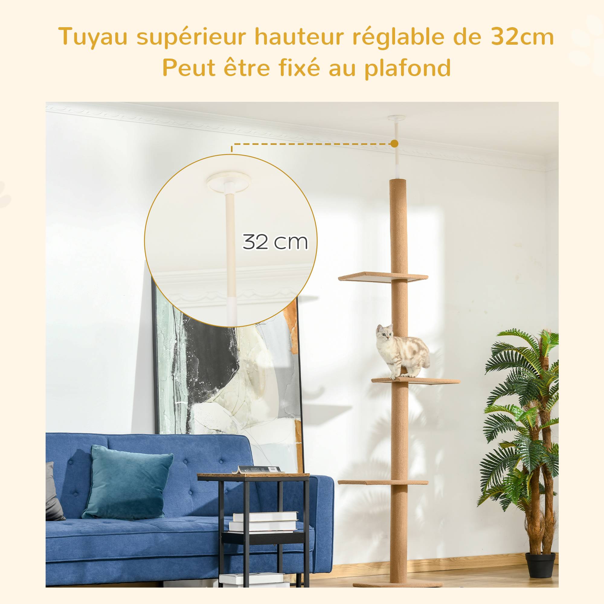 Pawhut - Arbre à chat poteau à griffer hauteur réglable dim. 43L x 27I x 228-260H cm 4 niveaux d'activités marron - Imagen 5