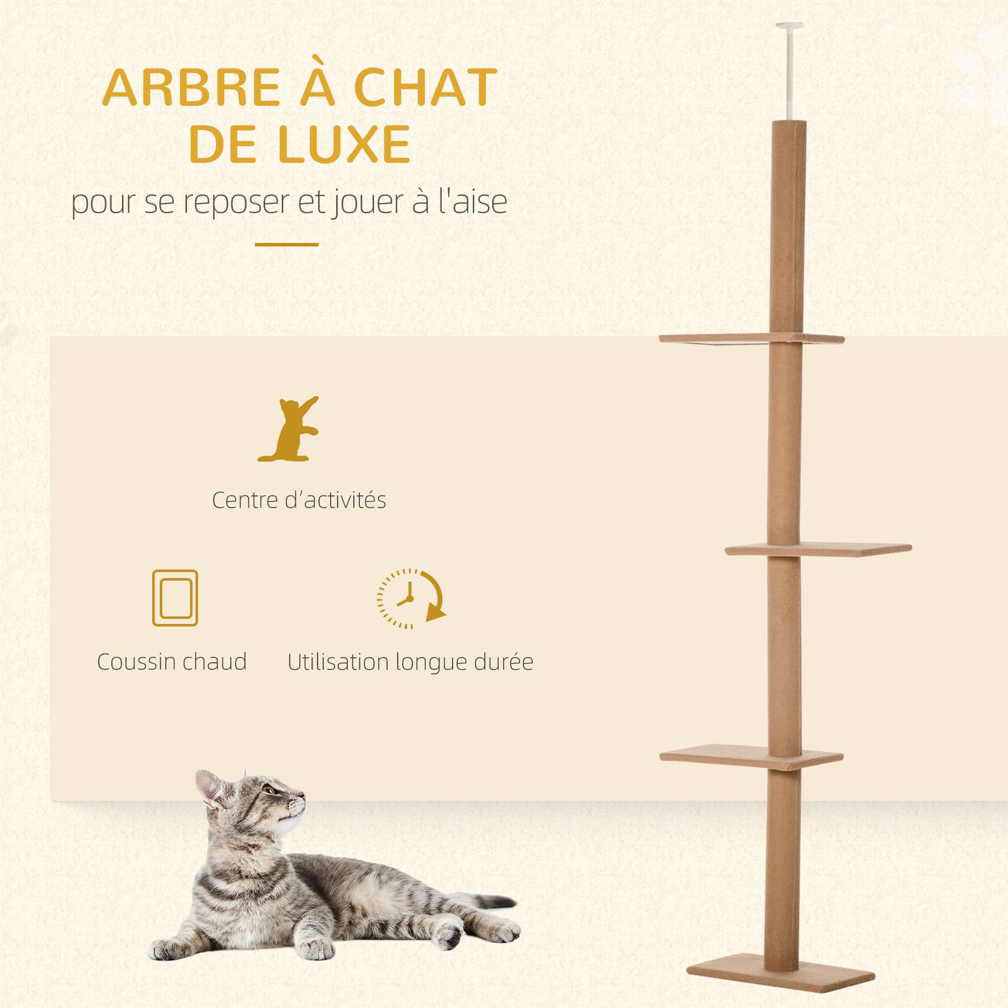 Pawhut - Arbre à chat poteau à griffer hauteur réglable dim. 43L x 27I x 228-260H cm 4 niveaux d'activités marron - Imagen 4