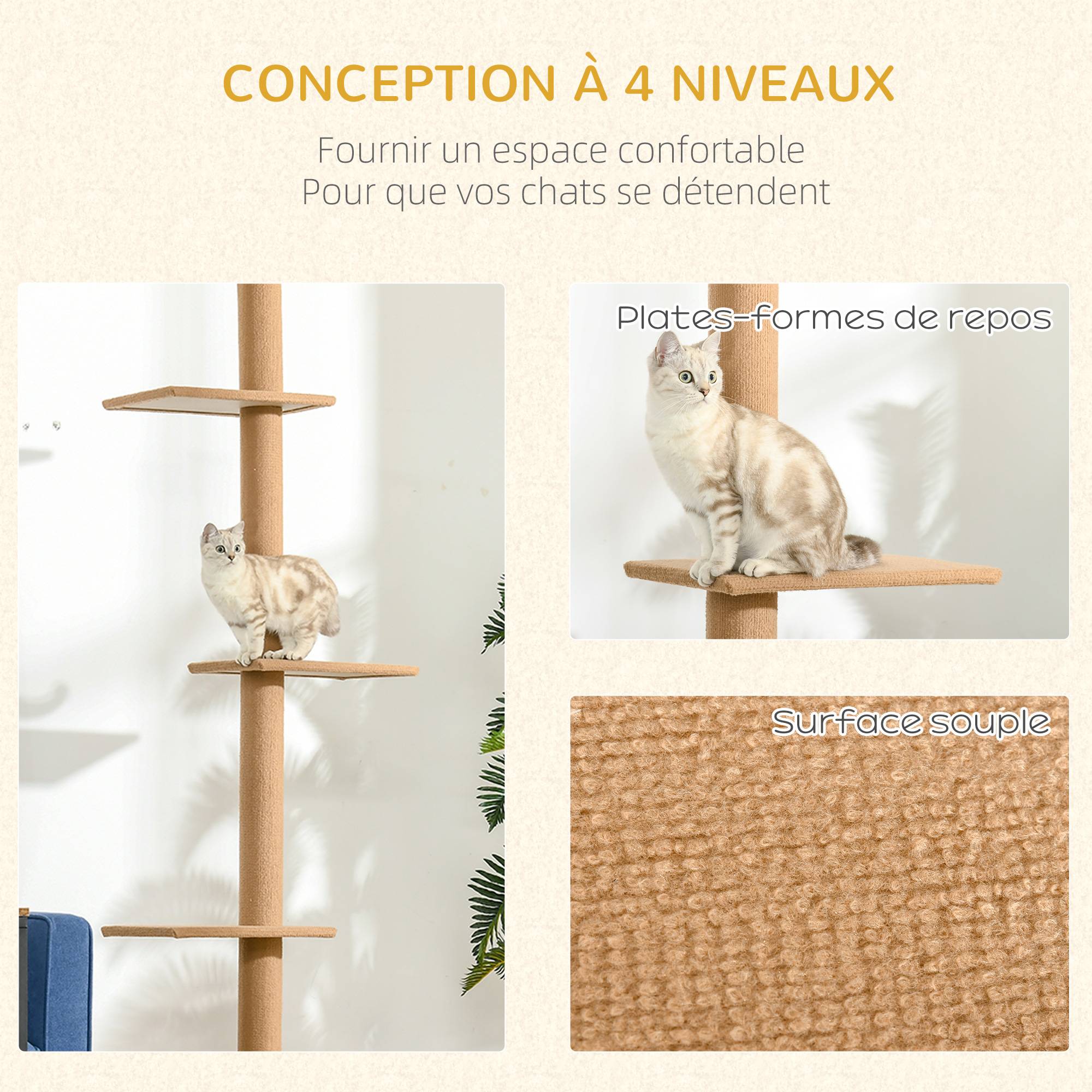 Pawhut - Arbre à chat poteau à griffer hauteur réglable dim. 43L x 27I x 228-260H cm 4 niveaux d'activités marron - Imagen 6