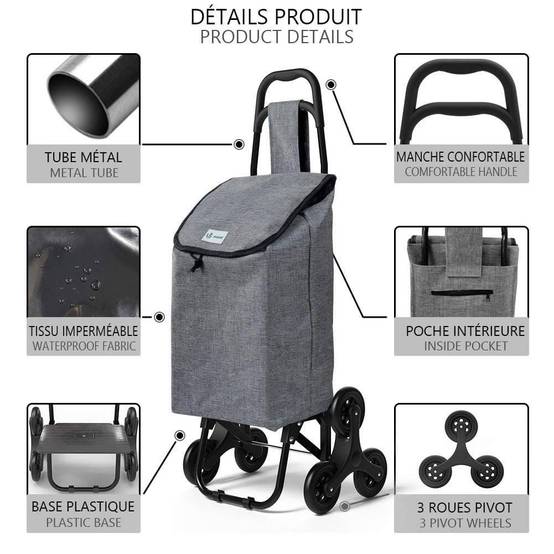 Chariot de courses pliable monte escalier style oxford gris - Image 3