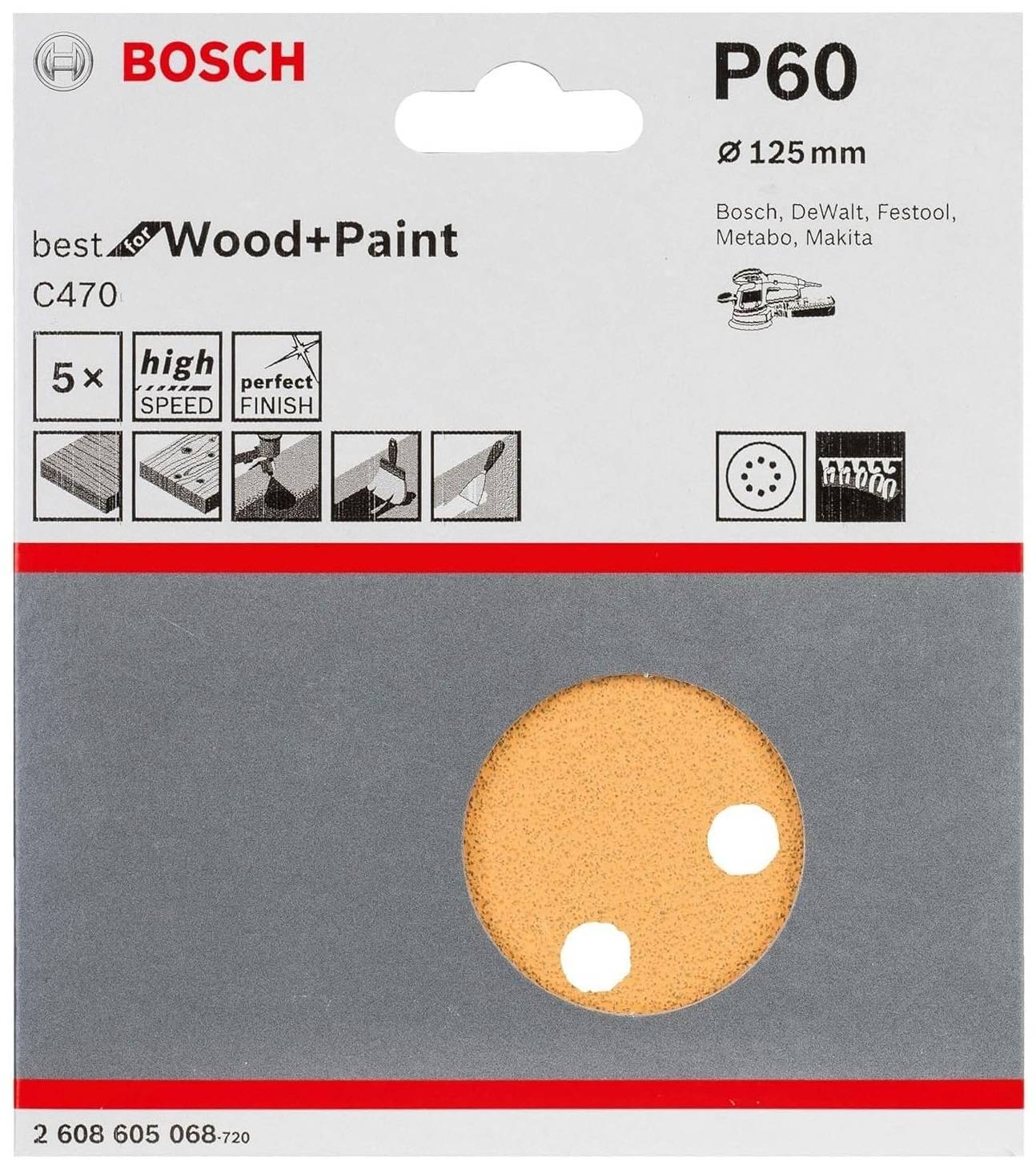 Bosch - 5 disques abrasifs C470 Best for Wood+Paint 125 mm 8 trous G60 pour ponceuses excentriques - BOSCH - 2608605068 - Imagen 1