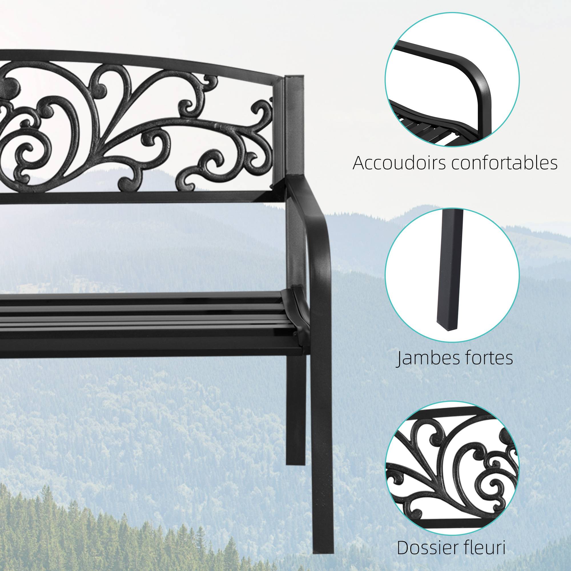 Sans Marque - Banc de Jardin terrasse en Acier Fonte Noir 2 Places 127 x 60 x 87 cm Charge Max 240 Kg - Image 7