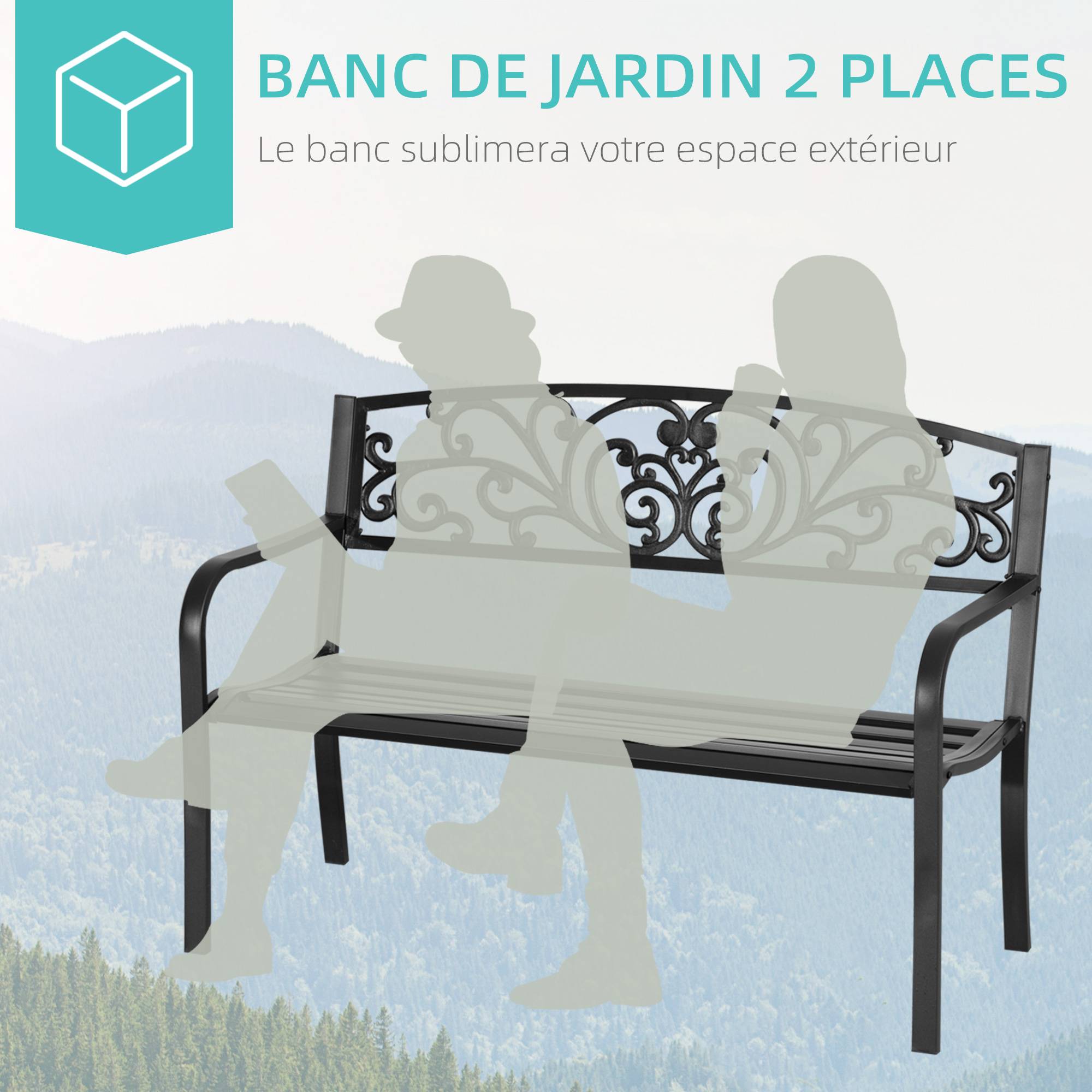 Sans Marque - Banc de Jardin terrasse en Acier Fonte Noir 2 Places 127 x 60 x 87 cm Charge Max 240 Kg - Image 6
