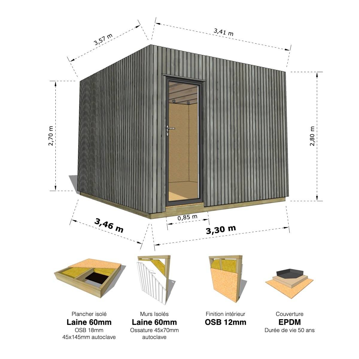 Sans Marque - STUDIO DE JARDIN / 11,8 m2 - 3,35 x 3,52m / Plancher isolé / Bardage Gris / Intérieur OSB / Livraison Gratuite / Studio Français - Imagen 1