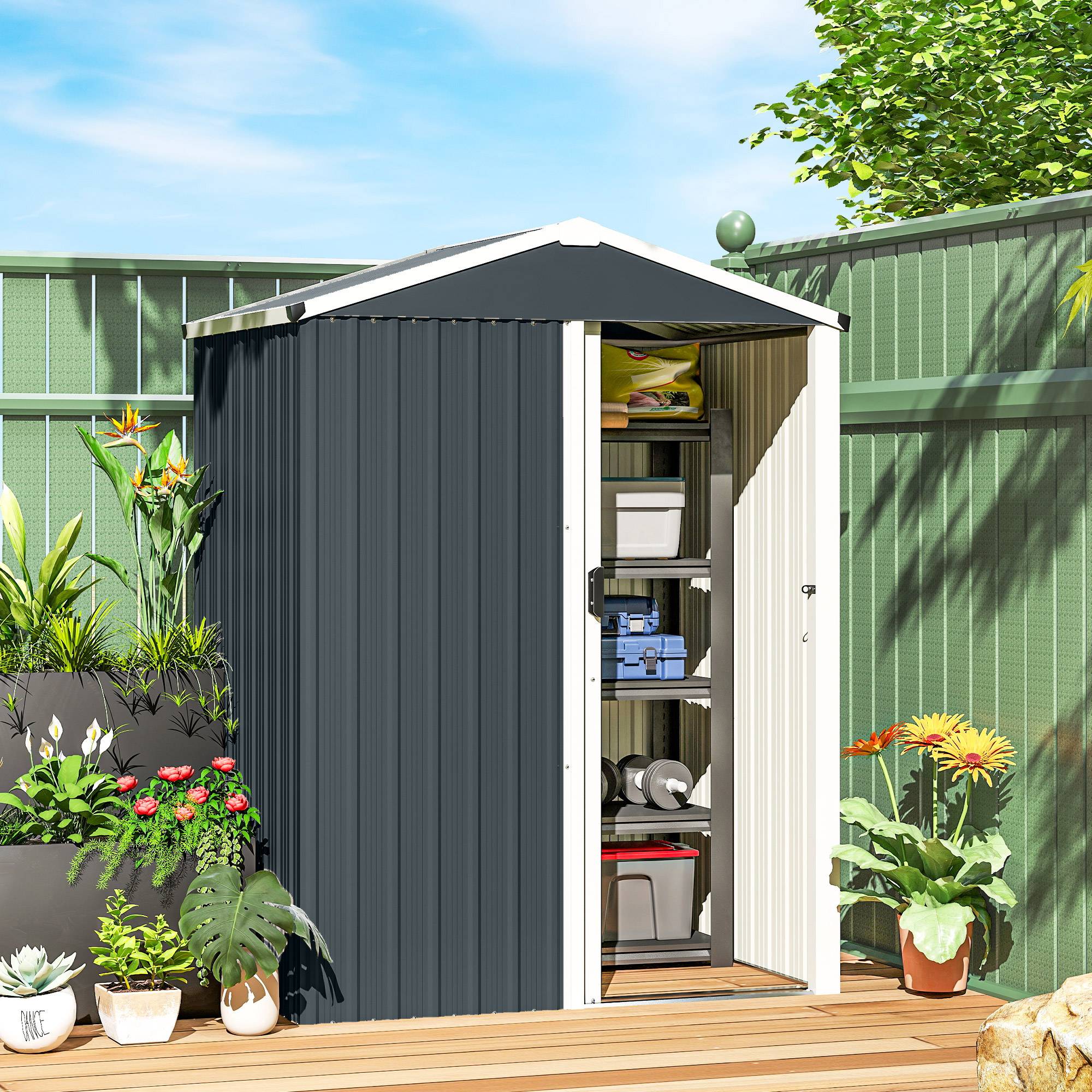 Abri de jardin extérieur 1,1 m² (136 x 87 x 176 cm) avec porte coulissante, toit en pente et moustiquaires, gris foncé - Image 4