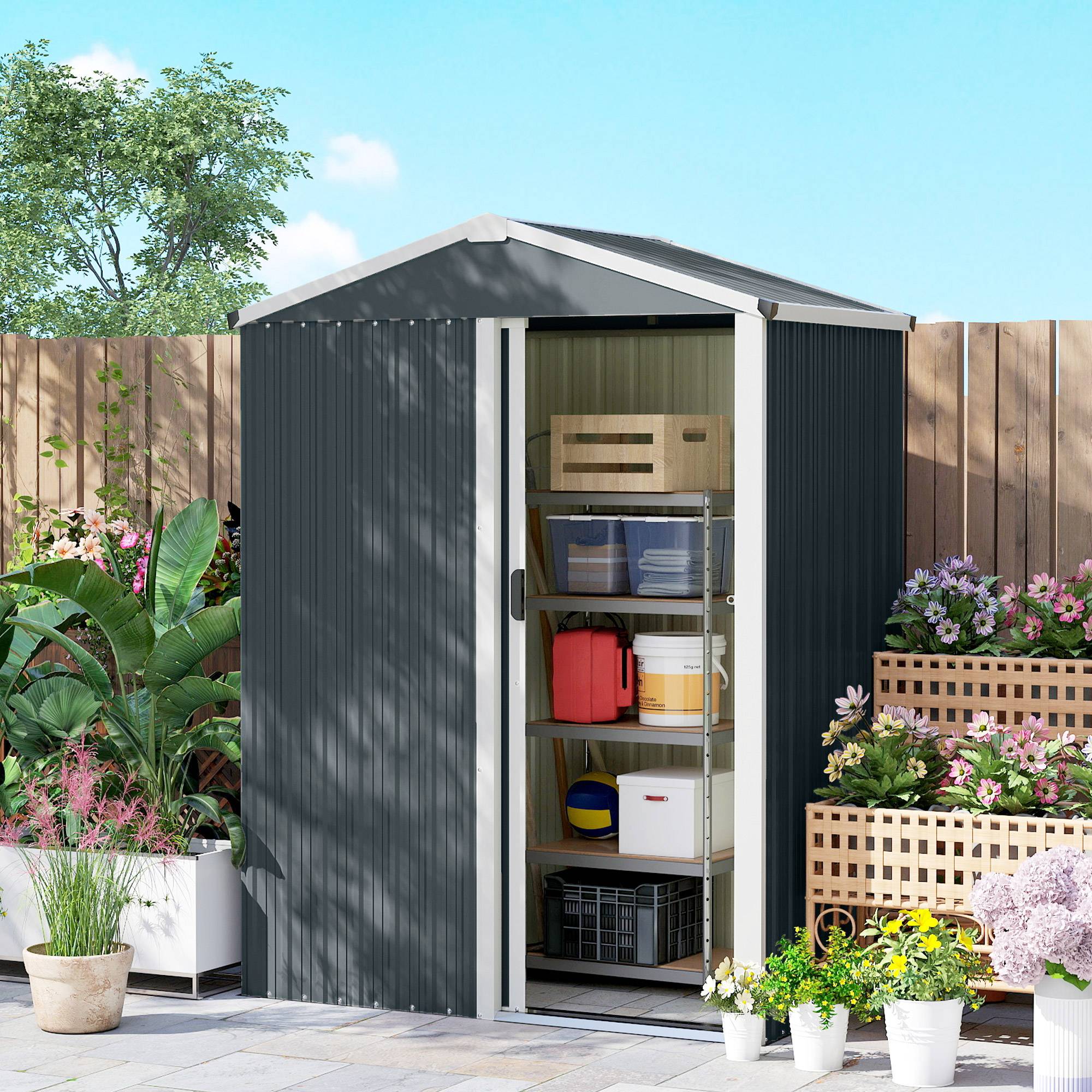 Abri de jardin extérieur 1,1 m² (136 x 87 x 176 cm) avec porte coulissante, toit en pente et moustiquaires, gris foncé - Image 9
