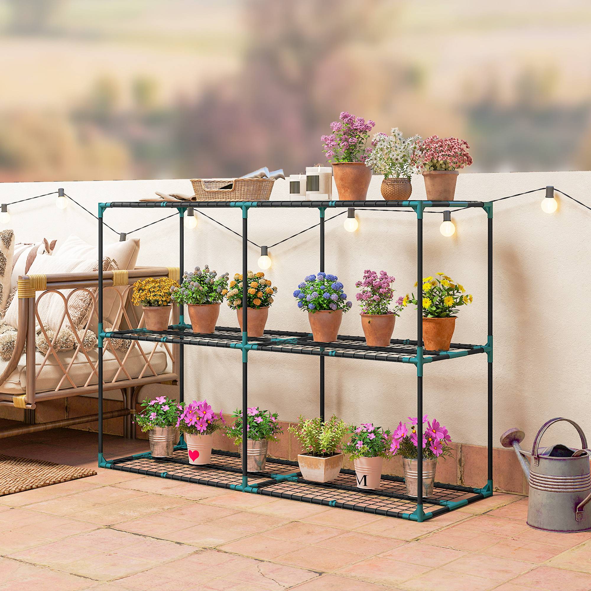 Support plantes 3 niveaux acier balcon optimisation espace 143x48x100cm vert foncé - ComfortXL Outdoor Living - Image 4