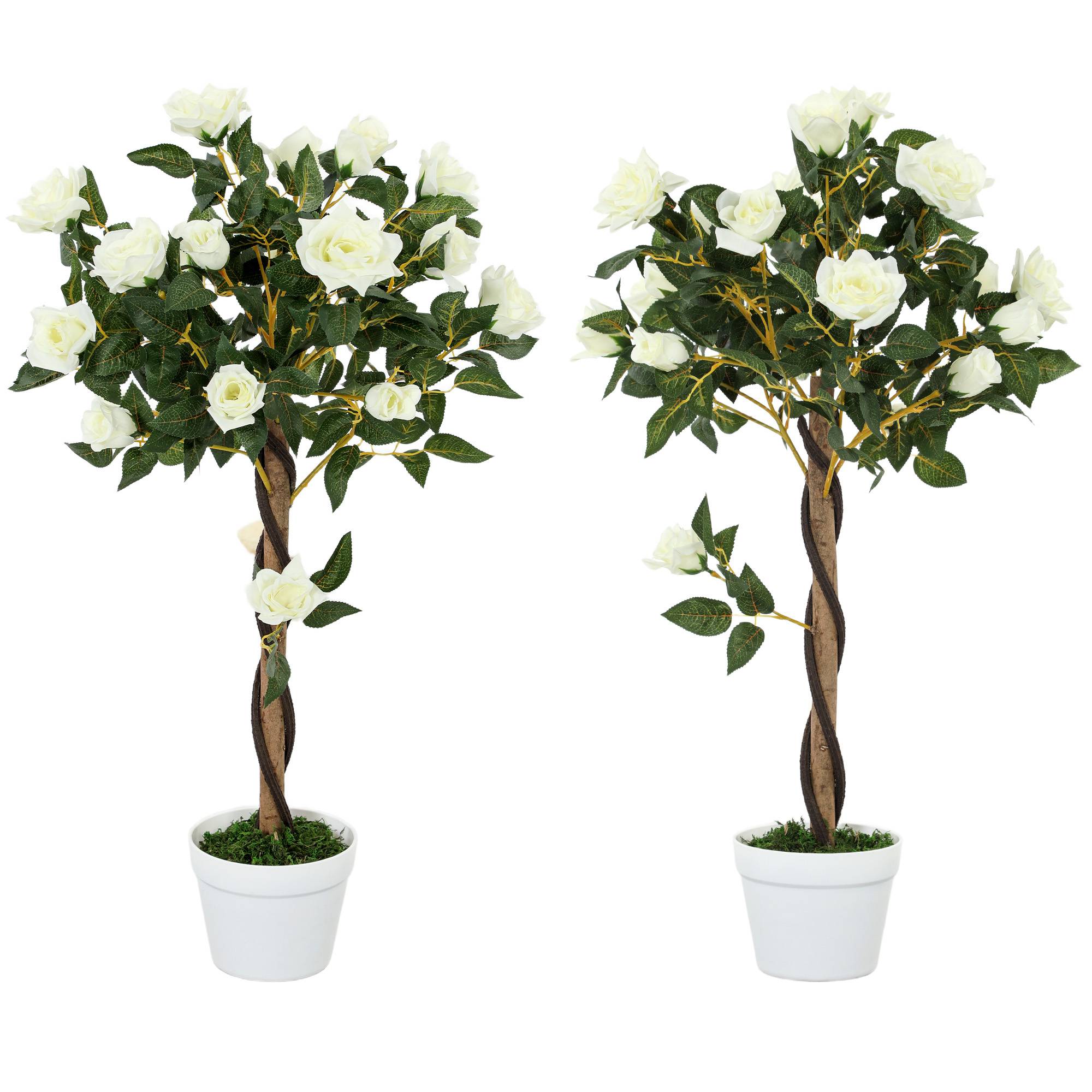 Rosier artificiel à 21 fleurs dans un pot rempli de ciment et de mousse, Ø18 x 90 cm, blanc - Image 1