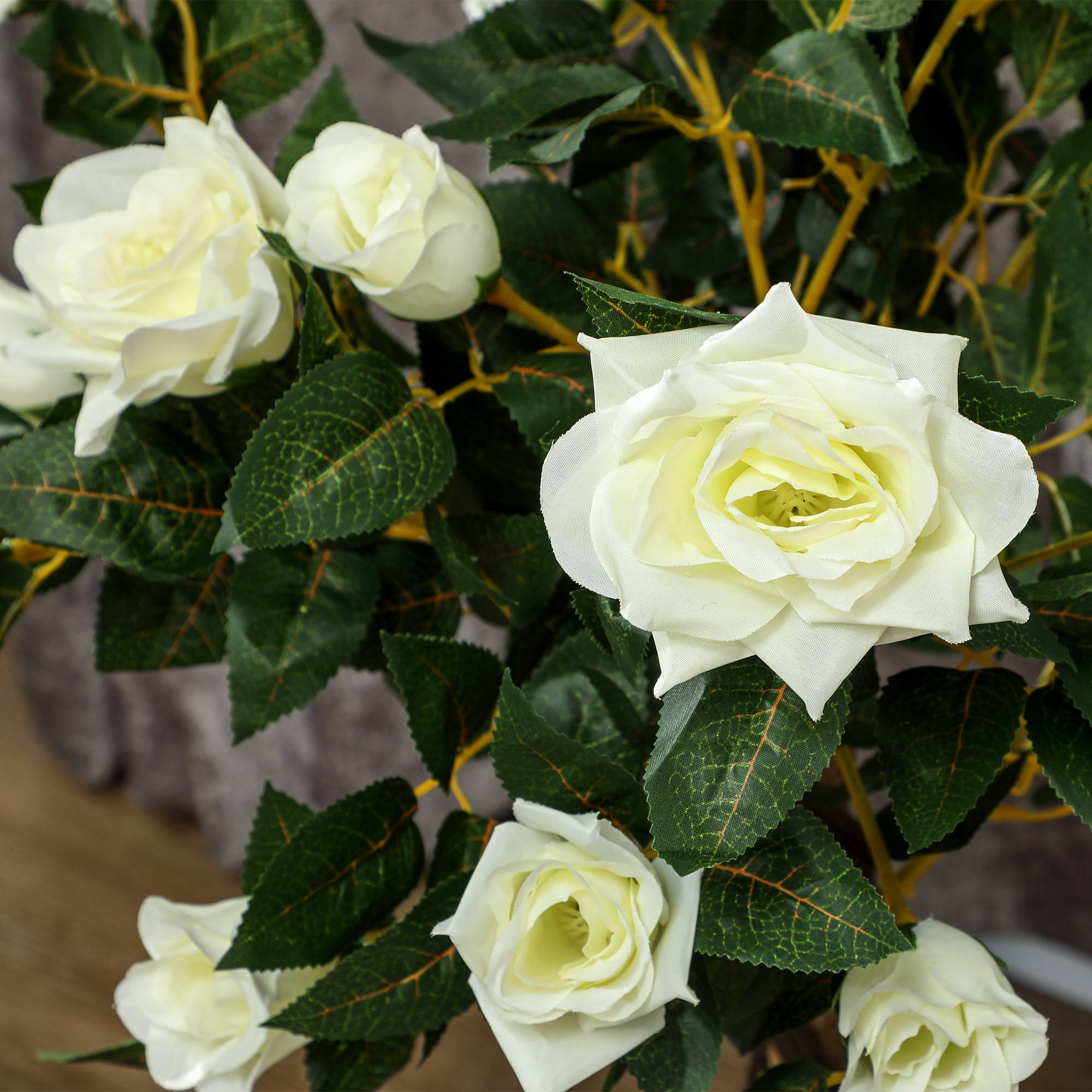 Rosier artificiel à 21 fleurs dans un pot rempli de ciment et de mousse, Ø18 x 90 cm, blanc - Image 7