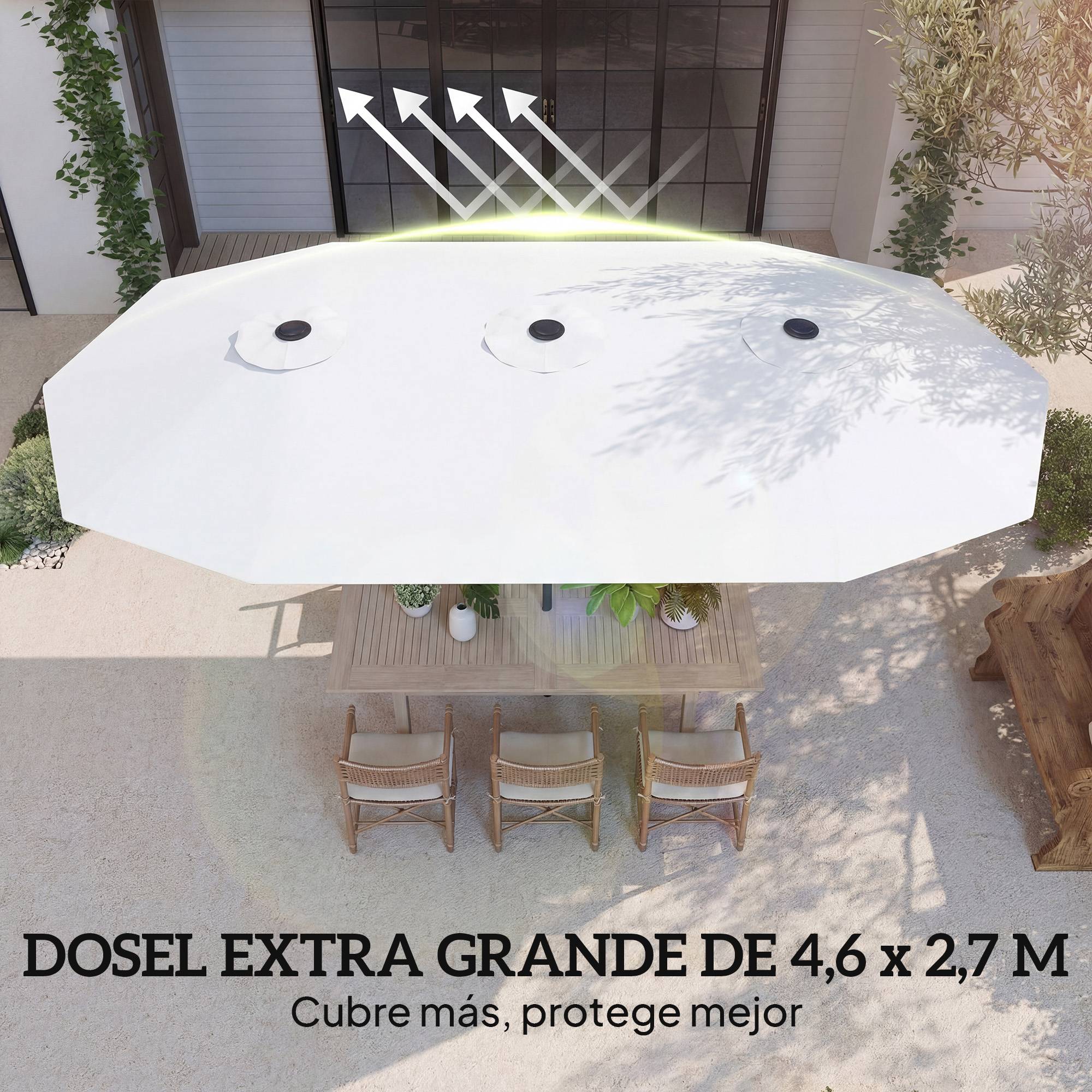 Parasol double de jardin 4,6 x 2,6 m avec manivelle, protection UV50+, housse imperméable blanche - Image 6