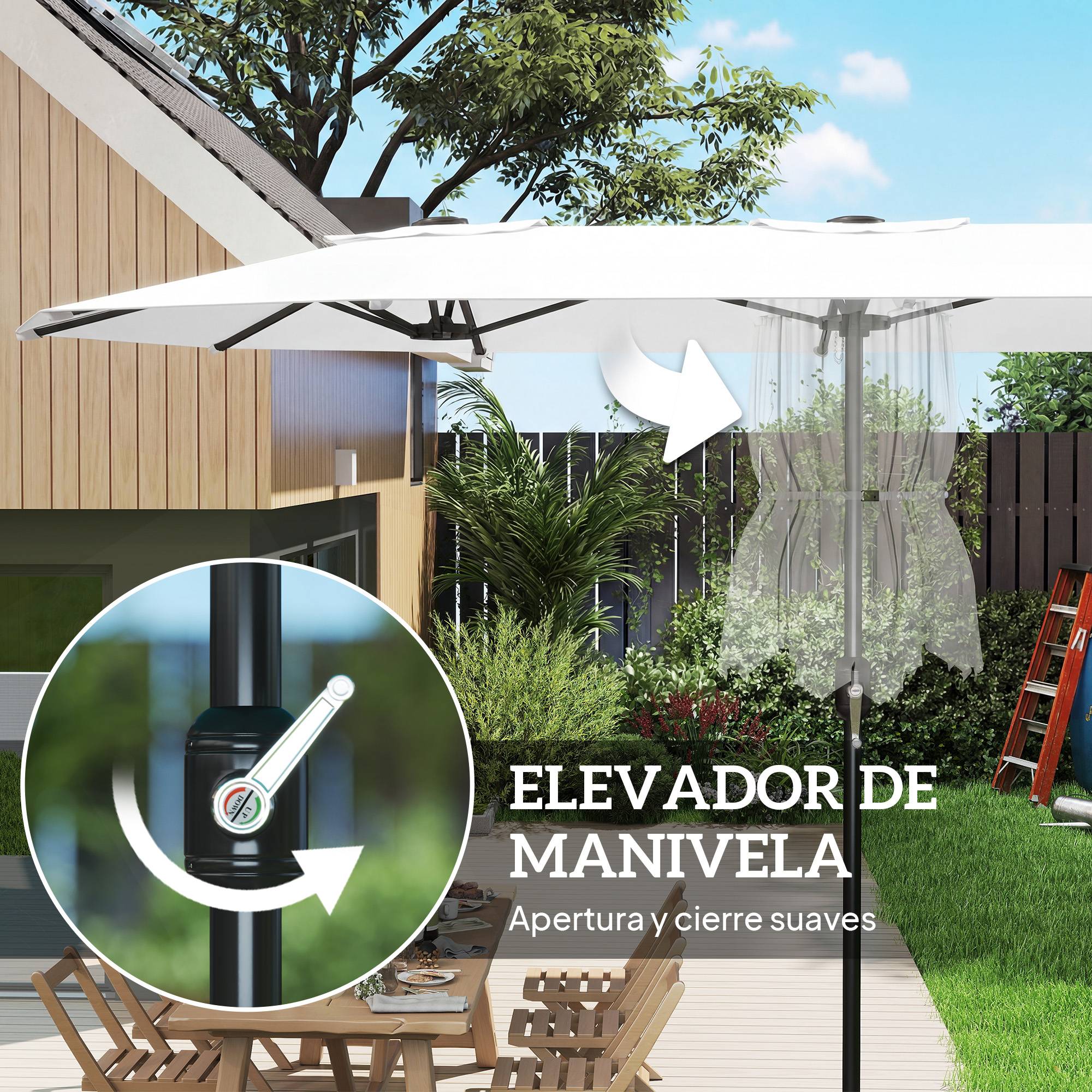 Parasol double de jardin 4,6 x 2,6 m avec manivelle, protection UV50+, housse imperméable blanche - Image 9