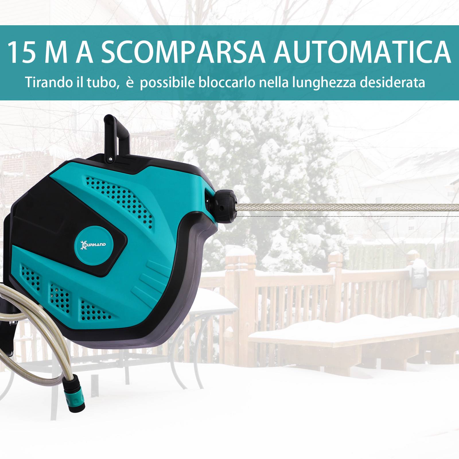 ComfortXL - Dévidoir mural automatique avec tuyau 15 m en plastique noir et vert 44 x 22,5 x 41 cm pour arrosage 7 jets - Image 5