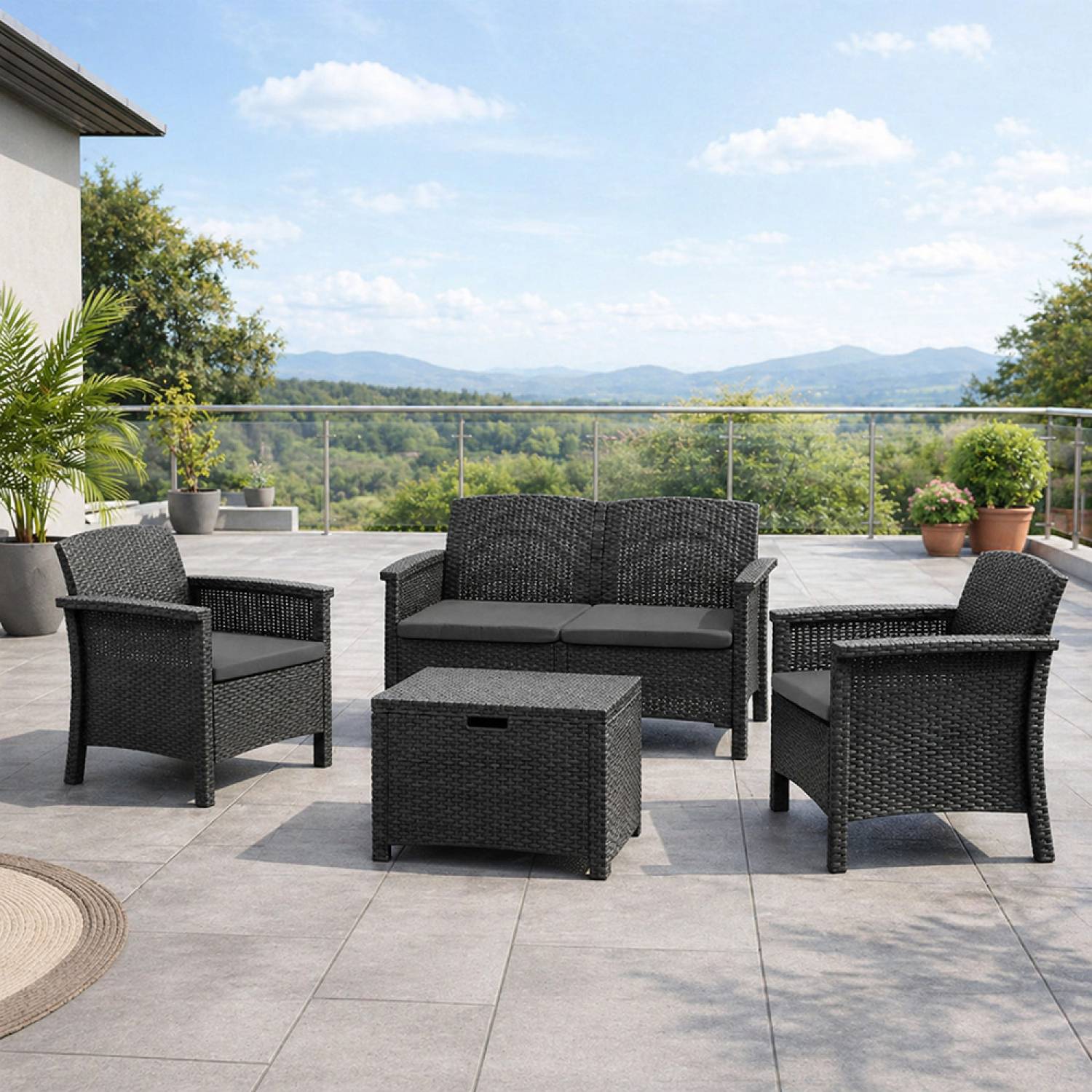 Salon de jardin 4 places effet résine tressée gris anthracite avec table basse MANIZA - Image 5