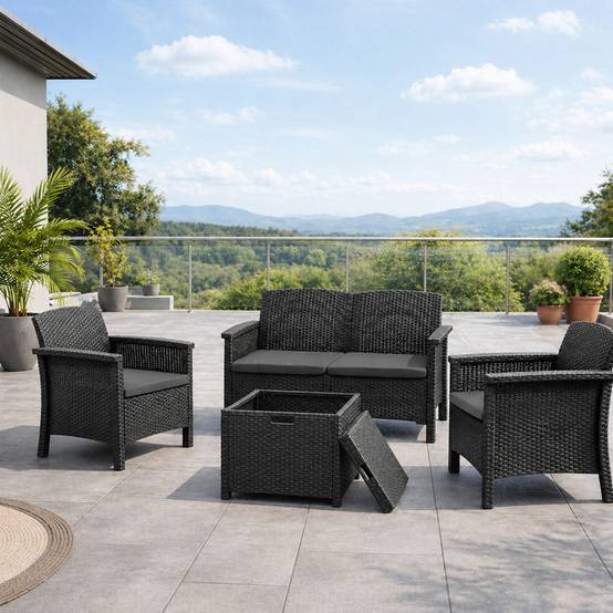 Salon de jardin 4 places effet résine tressée gris anthracite avec table basse MANIZA - Image 4