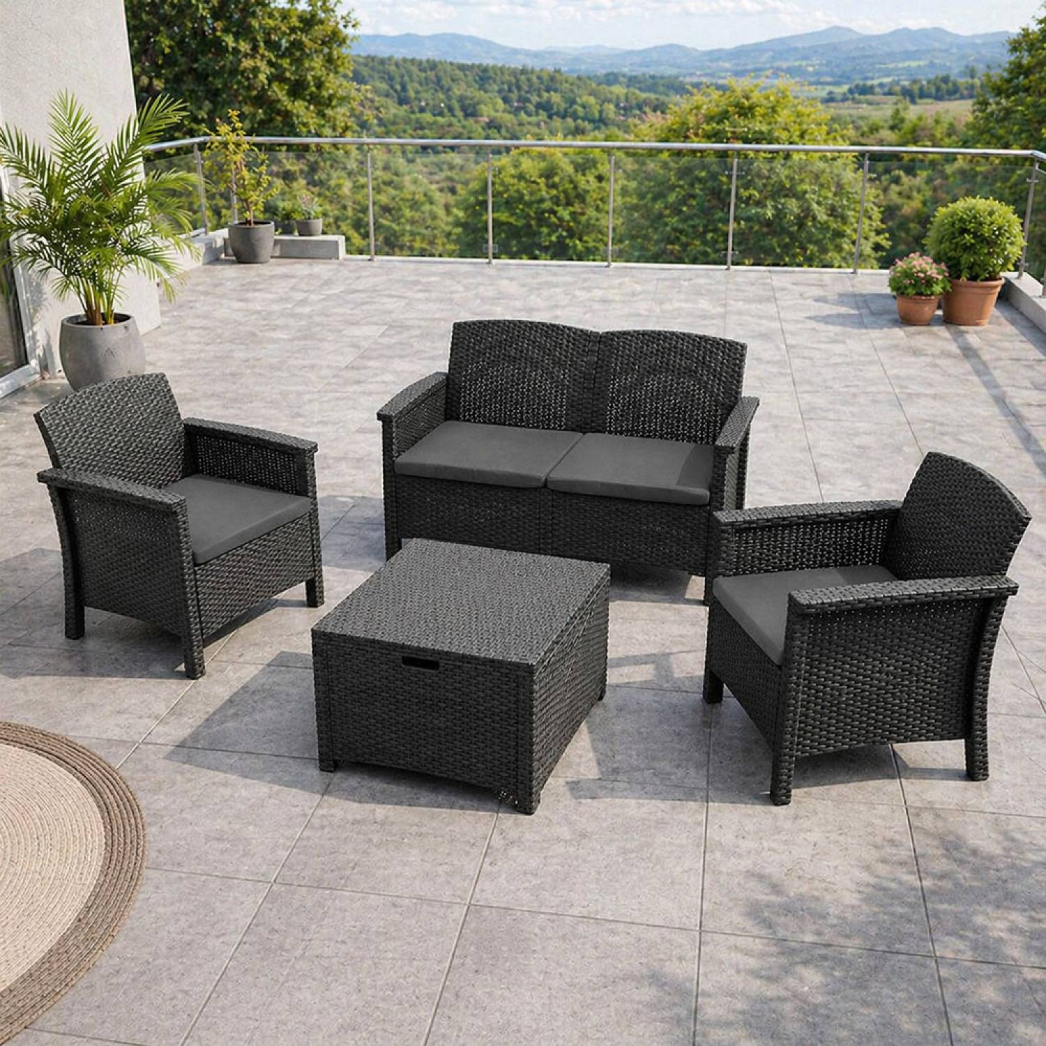 Salon de jardin 4 places effet résine tressée gris anthracite avec table basse MANIZA - Image 6