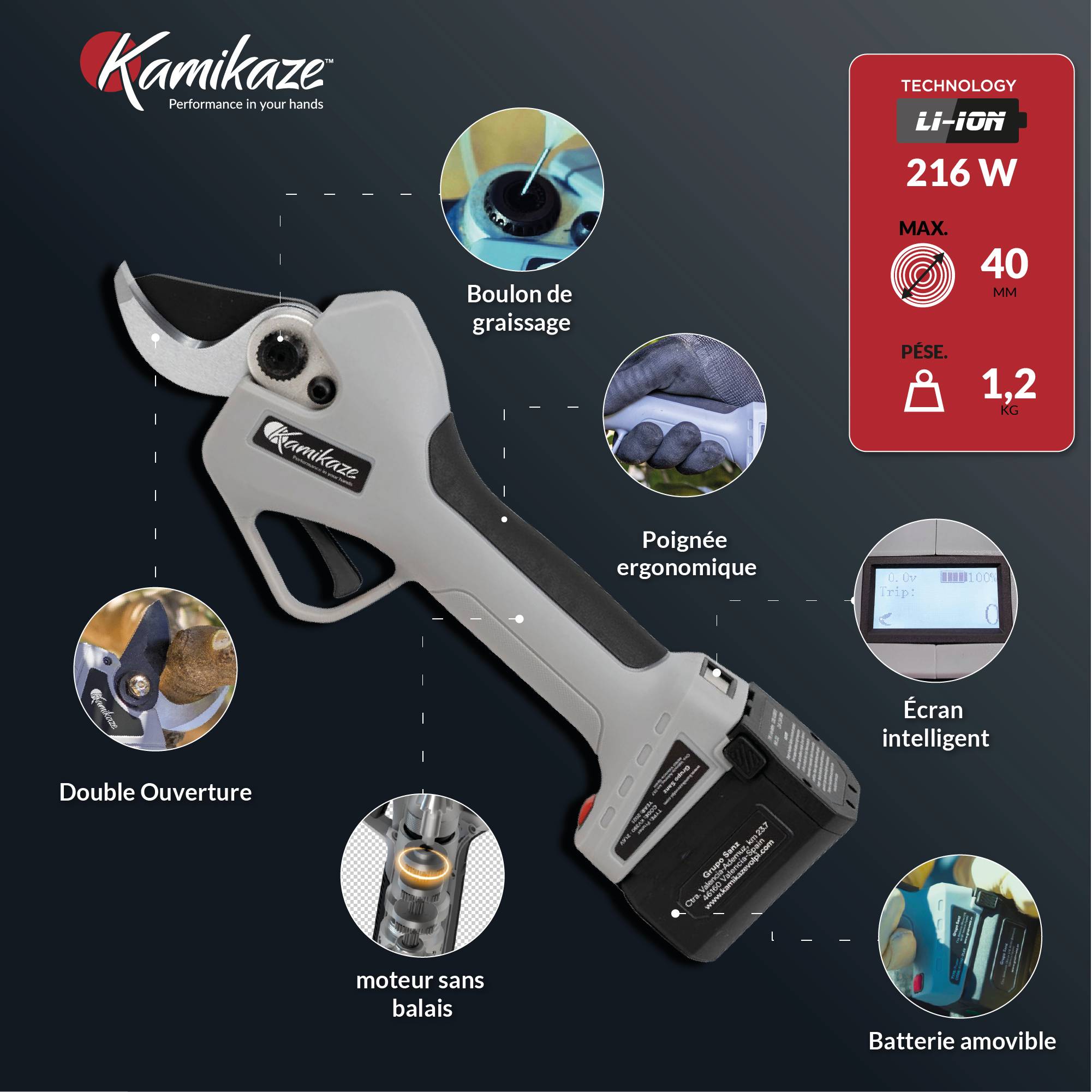 KAMIKAZE KV390. Sécateur électrique professionnel. Avec batterie 21,6 V. Ø 35 mm. Comprend une mallette de transport avec chargeur, 2 batteries - Image 4