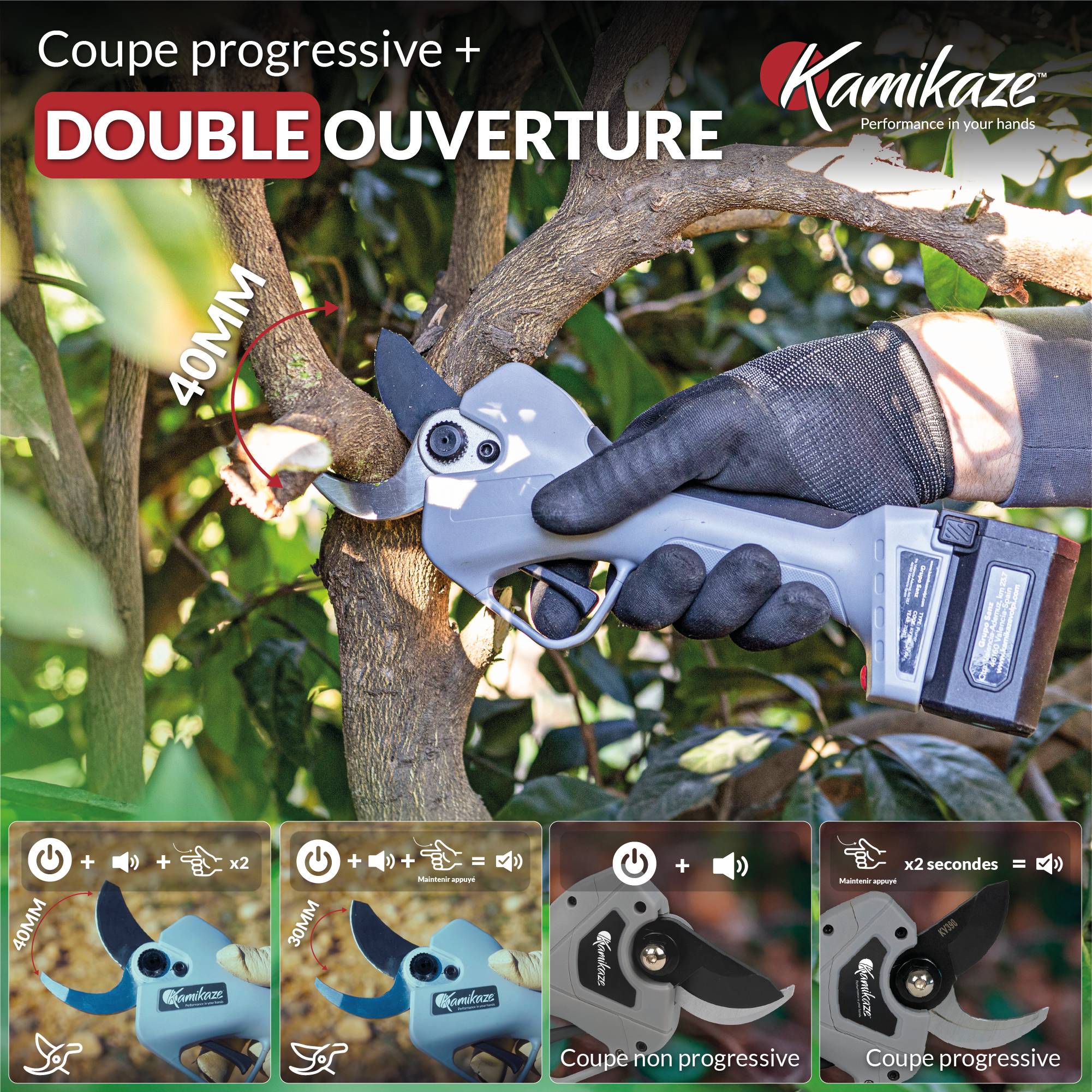 KAMIKAZE KV390. Sécateur électrique professionnel. Avec batterie 21,6 V. Ø 35 mm. Comprend une mallette de transport avec chargeur, 2 batteries - Image 2