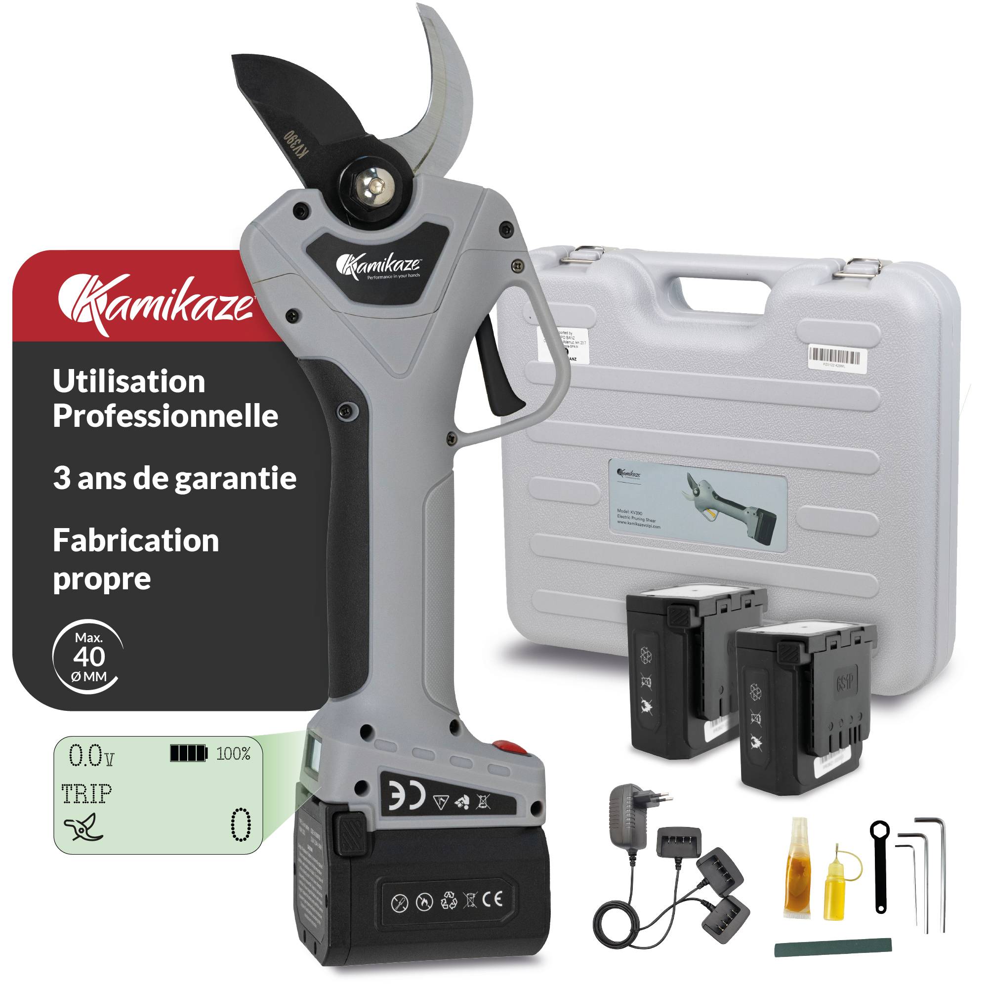 KAMIKAZE KV390. Sécateur électrique professionnel. Avec batterie 21,6 V. Ø 35 mm. Comprend une mallette de transport avec chargeur, 2 batteries - Image 1