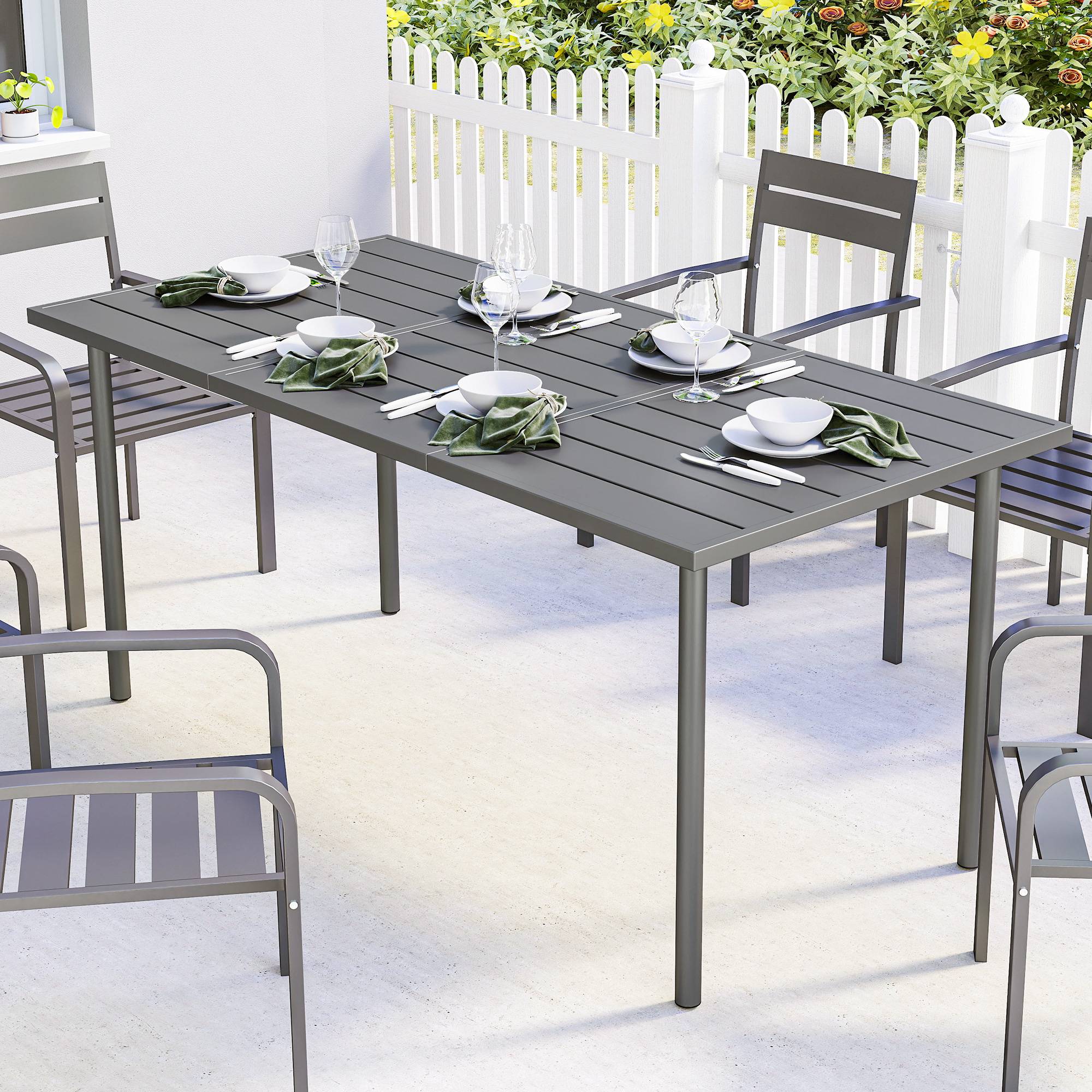 Table de jardin rectangulaire à lattes pour 6 personnes, cadre en acier solide, dimensions 165 x 80 cm - Image 2