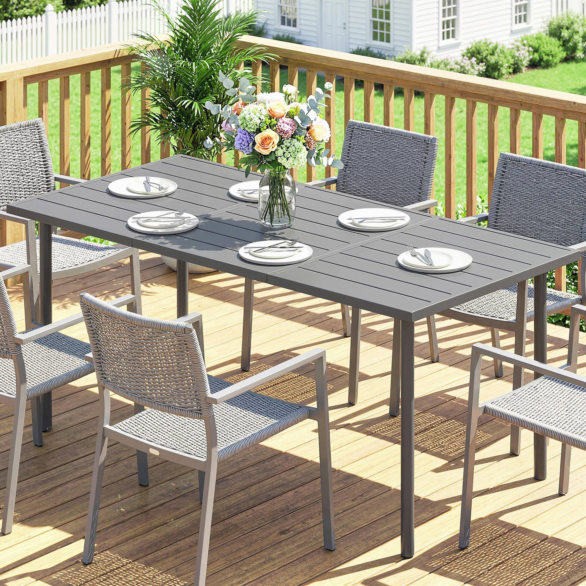 Table de jardin rectangulaire à lattes pour 6 personnes, cadre en acier solide, dimensions 165 x 80 cm - Image 9
