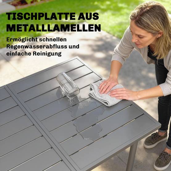 Table de jardin rectangulaire à lattes pour 6 personnes, cadre en acier solide, dimensions 165 x 80 cm - Image 5