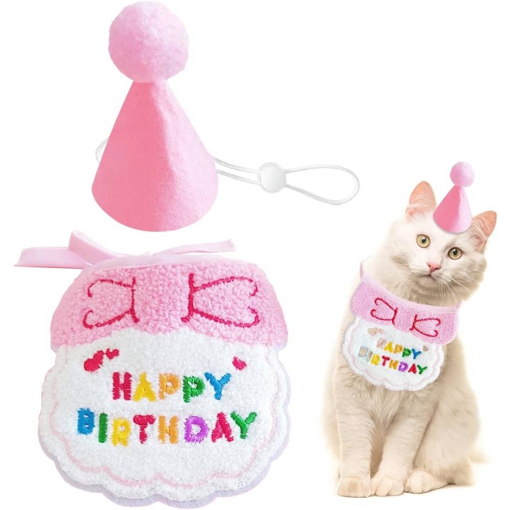 Set fête anniversaire chien/chat - Bandana + chapeau réglables - Motif "Joyeux Anniversaire" - Rose - Living123