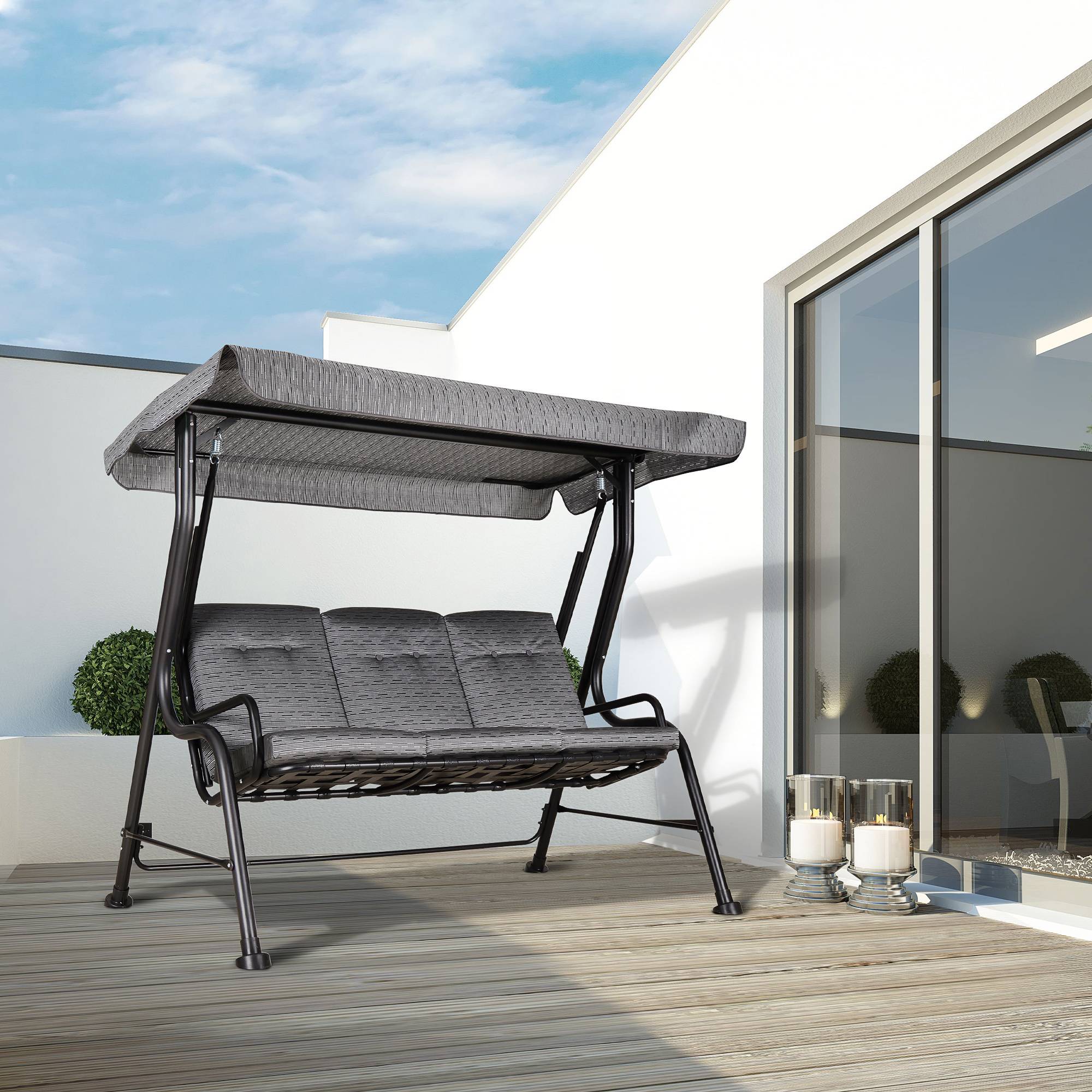 Balancelle jardin Hollywood 3 places avec pare-soleil réglable Textiline grise 200x120x170 cm - Image 3