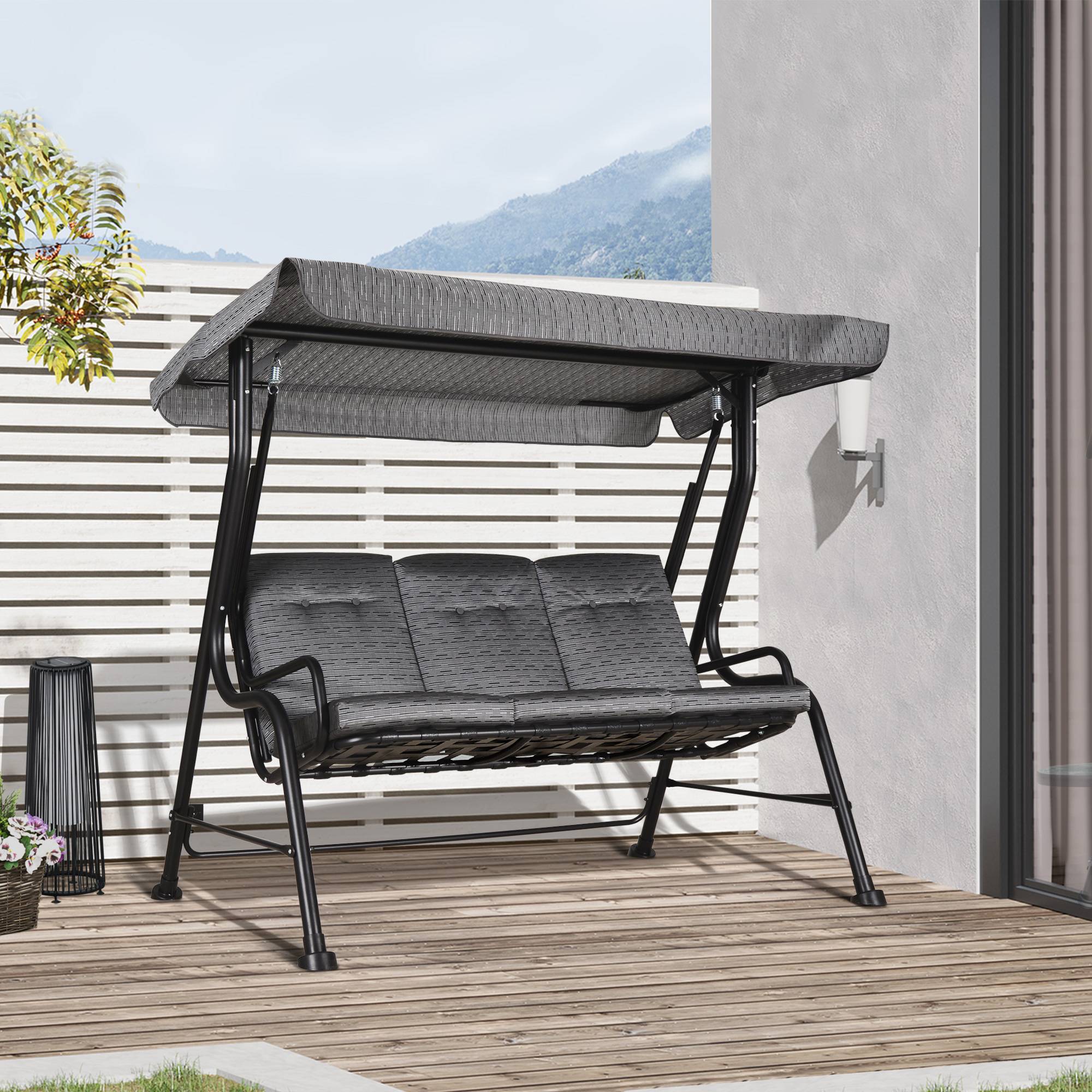Balancelle jardin Hollywood 3 places avec pare-soleil réglable Textiline grise 200x120x170 cm - Image 4