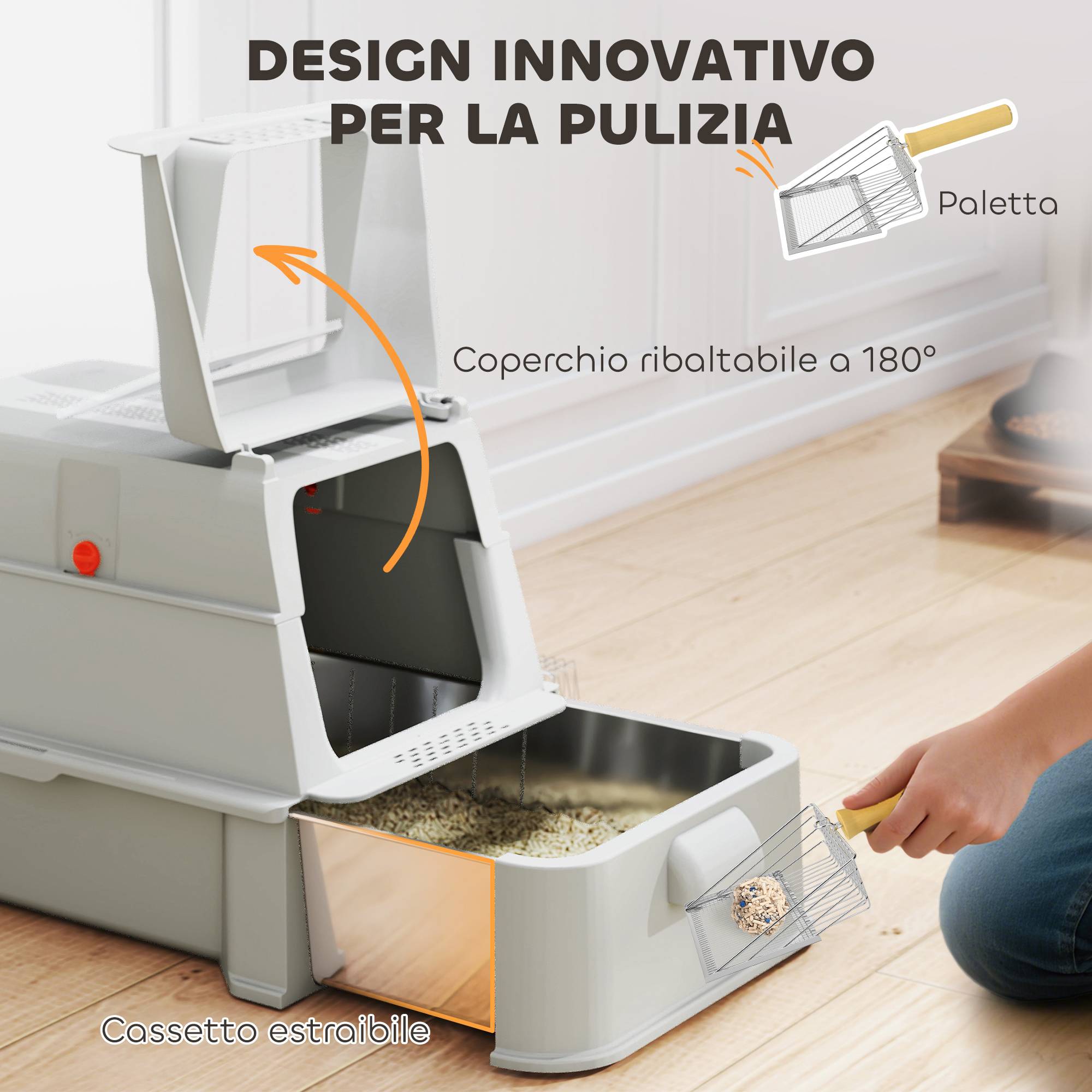 Litière fermée 80L avec bac amovible, ABS et acier inox, 63x43x43cm, gris clair - Image 6