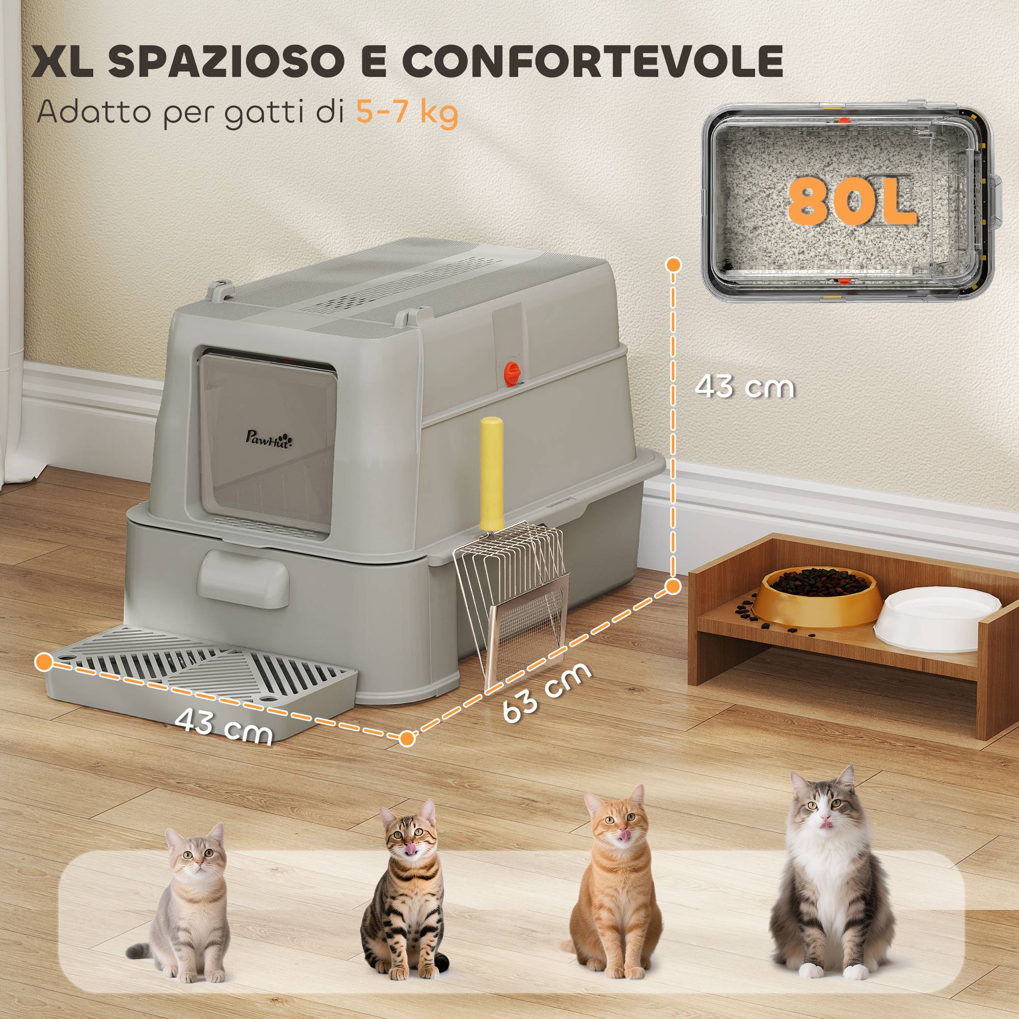 Litière fermée 80L avec bac amovible, ABS et acier inox, 63x43x43cm, gris clair - Image 7