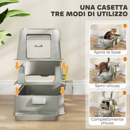 Litière fermée 80L avec bac amovible, ABS et acier inox, 63x43x43cm, gris clair - Image 9
