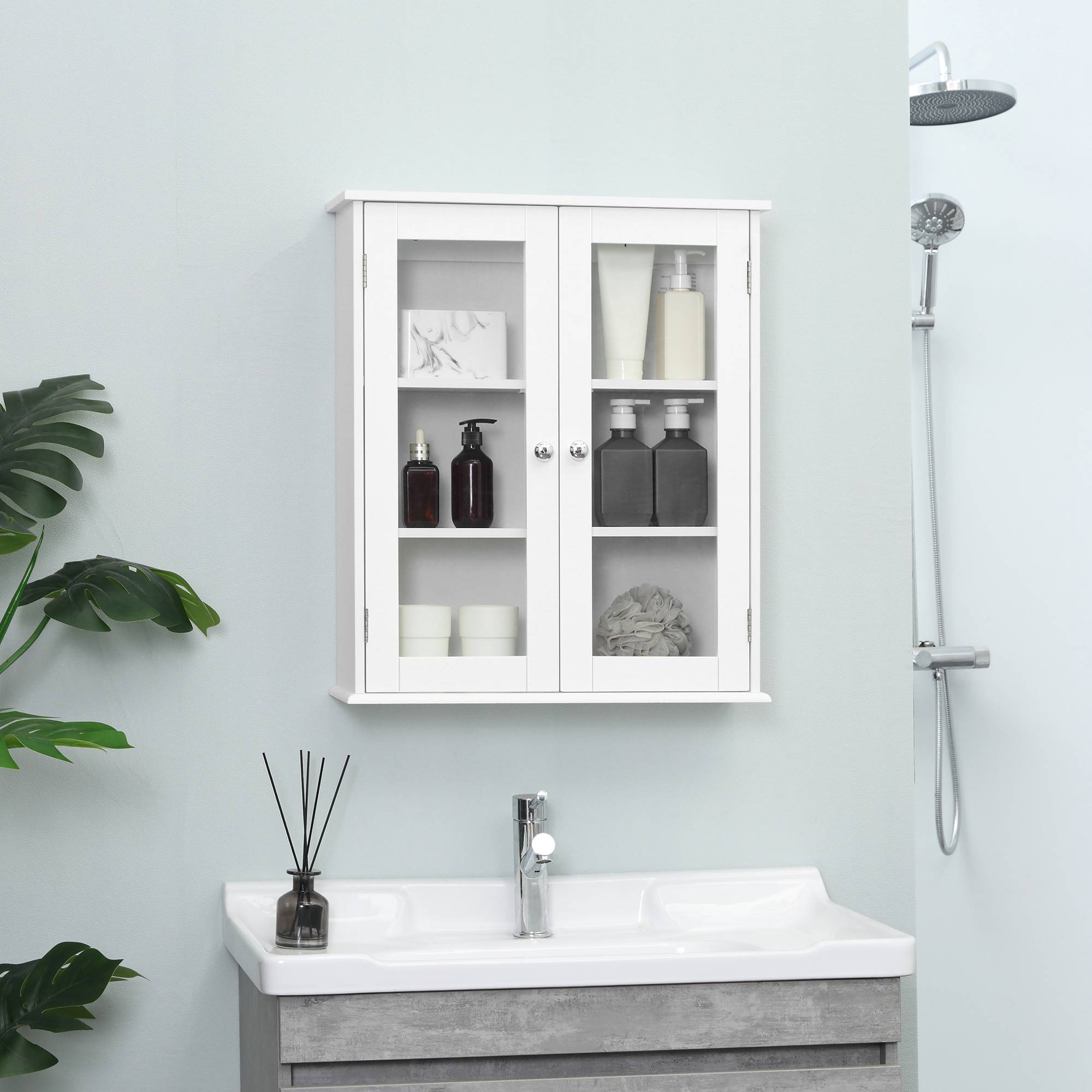 Sans Marque - Armoire murale salle bain meuble haut 2 portes verre étagère réglable 55x20x65cm blanc - Image 4
