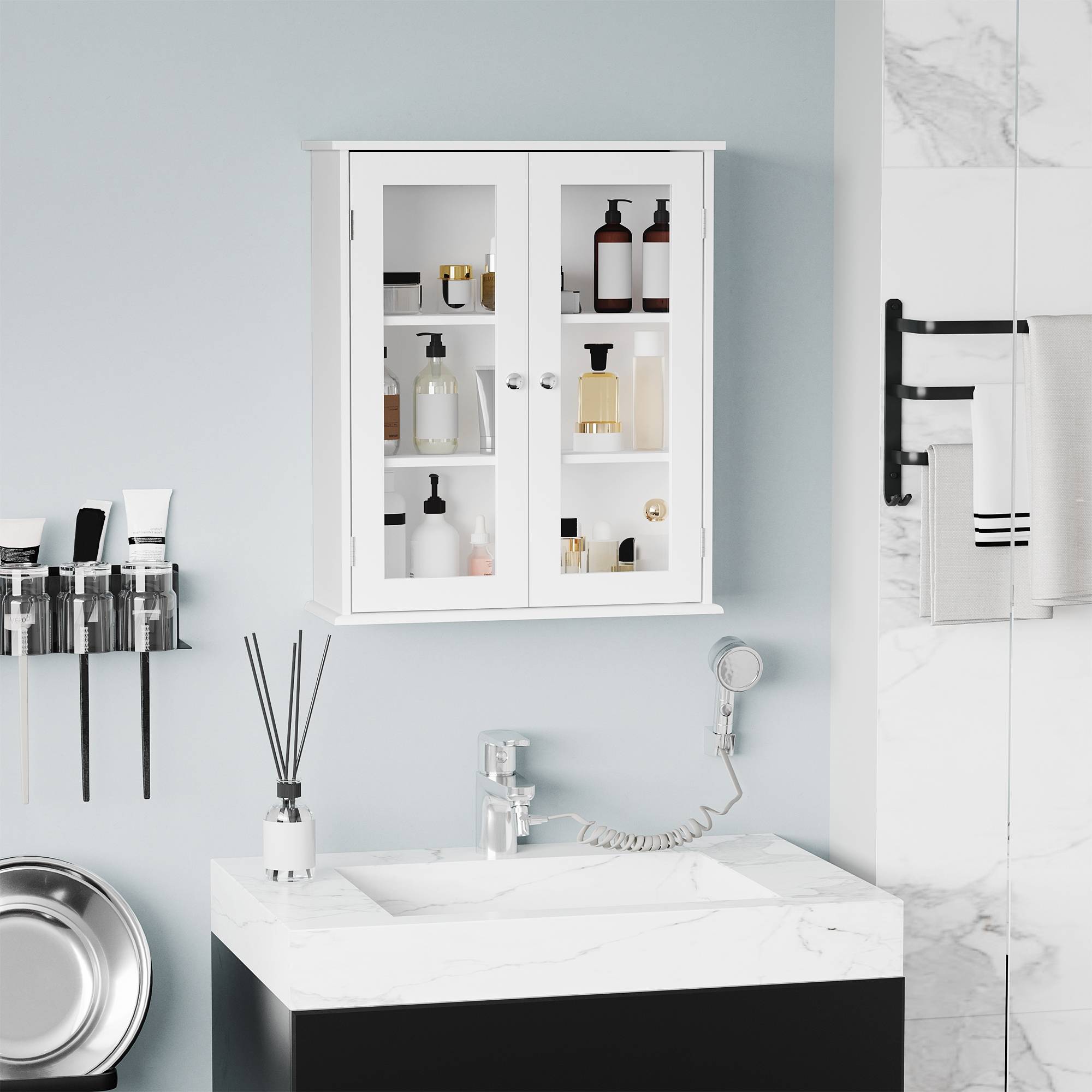 Sans Marque - Armoire murale salle bain meuble haut 2 portes verre étagère réglable 55x20x65cm blanc - Image 3