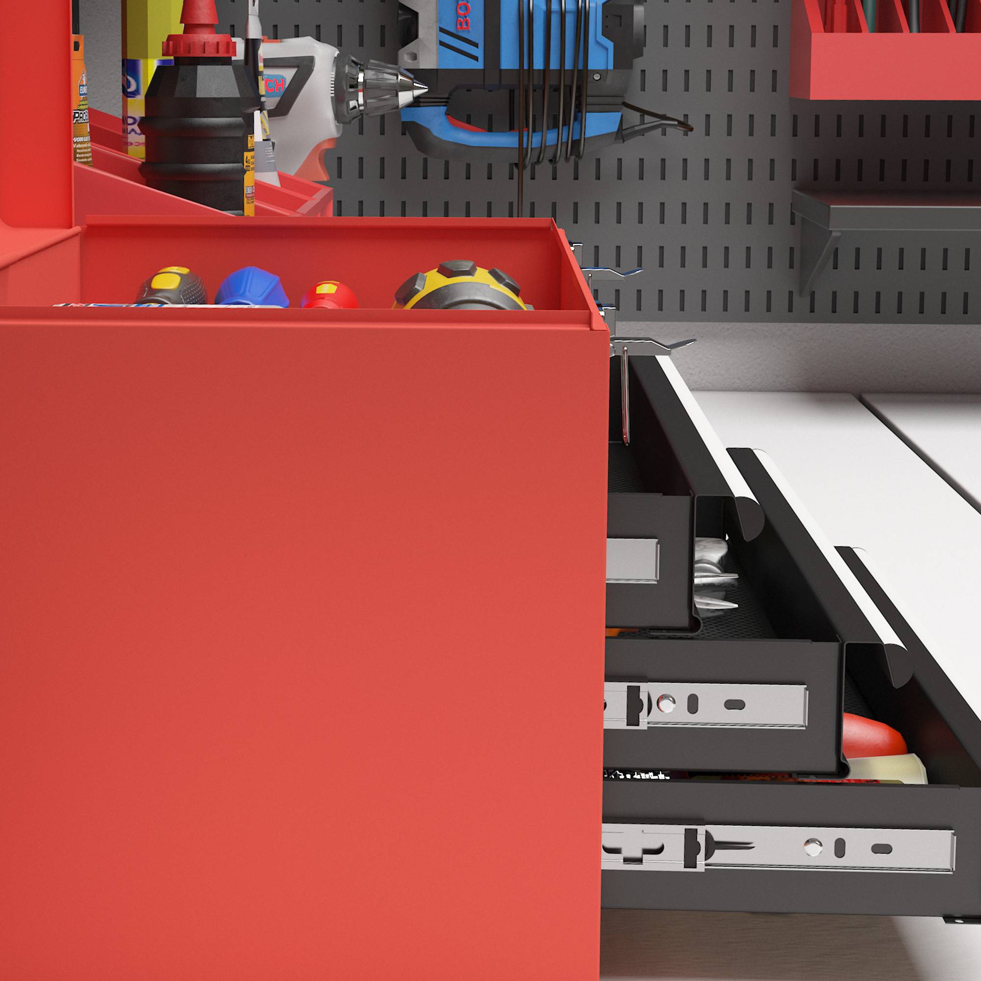 Sans Marque - Boîte à outils avec 3 tiroirs, 1 compartiment, fixations robustes en acier, 45 x 24 x 27 cm, rouge - Image 10