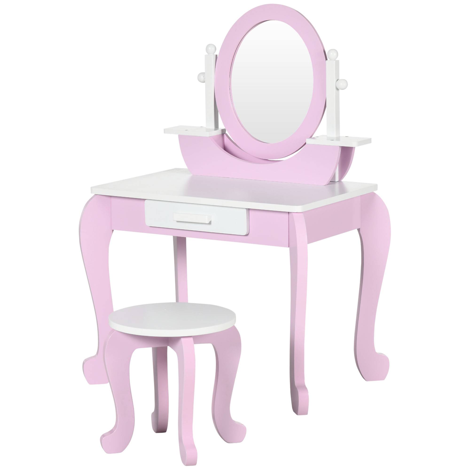 Sans Marque - Coiffeuse en bois pour enfants avec tabouret et miroir, centre de beauté avec 1 tiroir pour les 3-6 ans, 65,5 x 46 x 93 cm, rose - Image 2