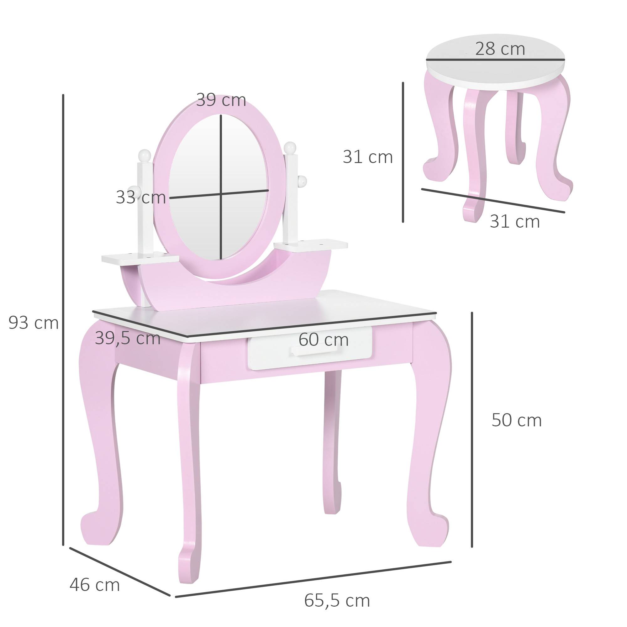 Sans Marque - Coiffeuse en bois pour enfants avec tabouret et miroir, centre de beauté avec 1 tiroir pour les 3-6 ans, 65,5 x 46 x 93 cm, rose - Image 5