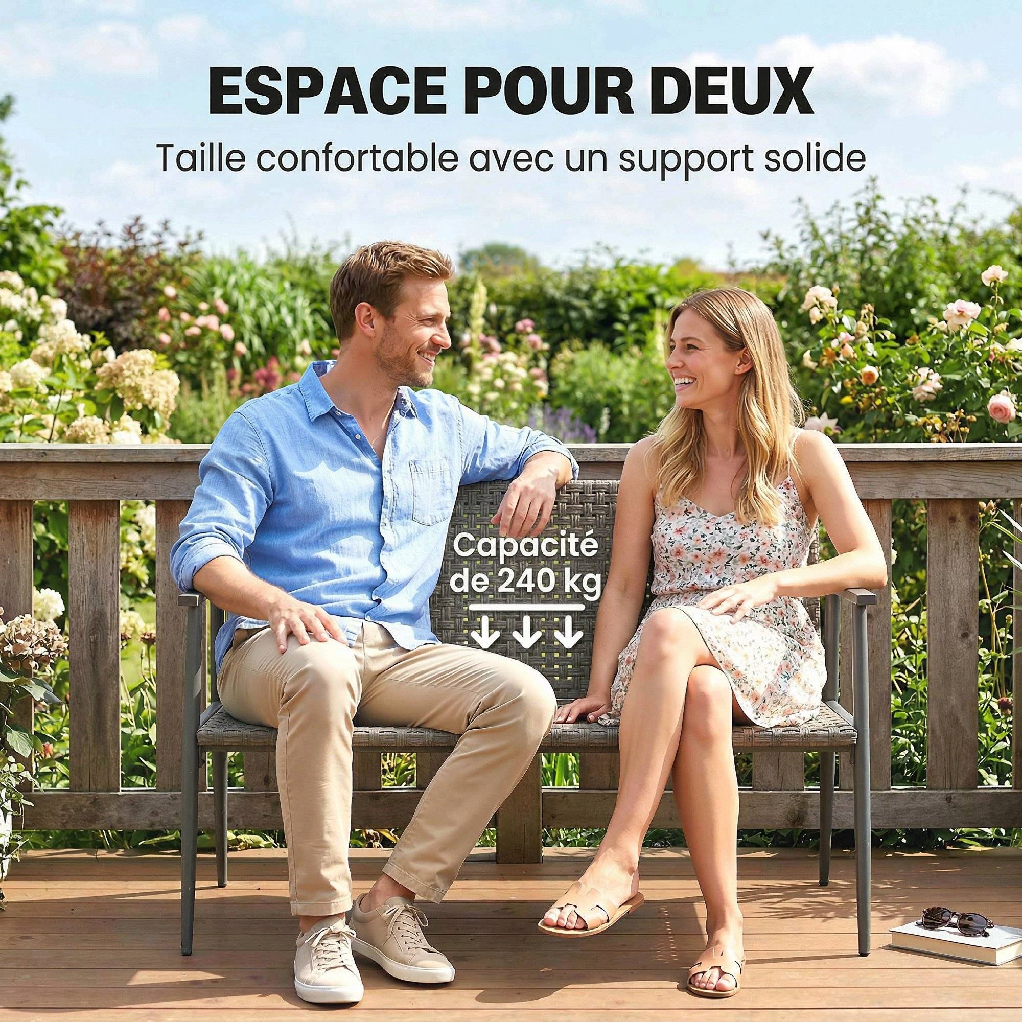 Banc de jardin 2 places résine tressée acier galvanisé terrasse pieds réglables 110cm gris - ComfortXL Outdoor Living - Image 9