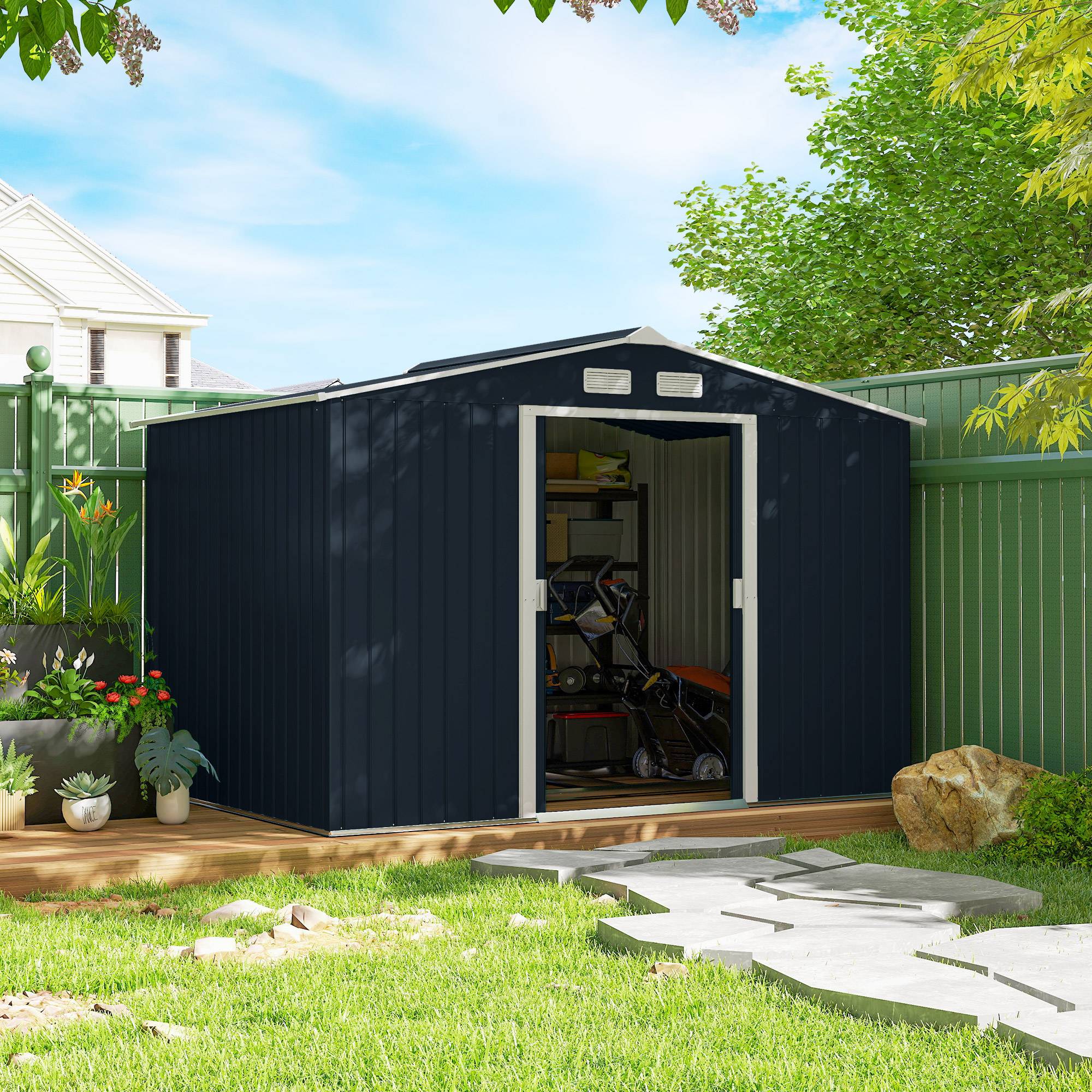 Abri de jardin Outsunny portes coulissantes 2,77x1,95x1,92 m métal gris anthracite grand cabanon extérieur jardin - Image 4