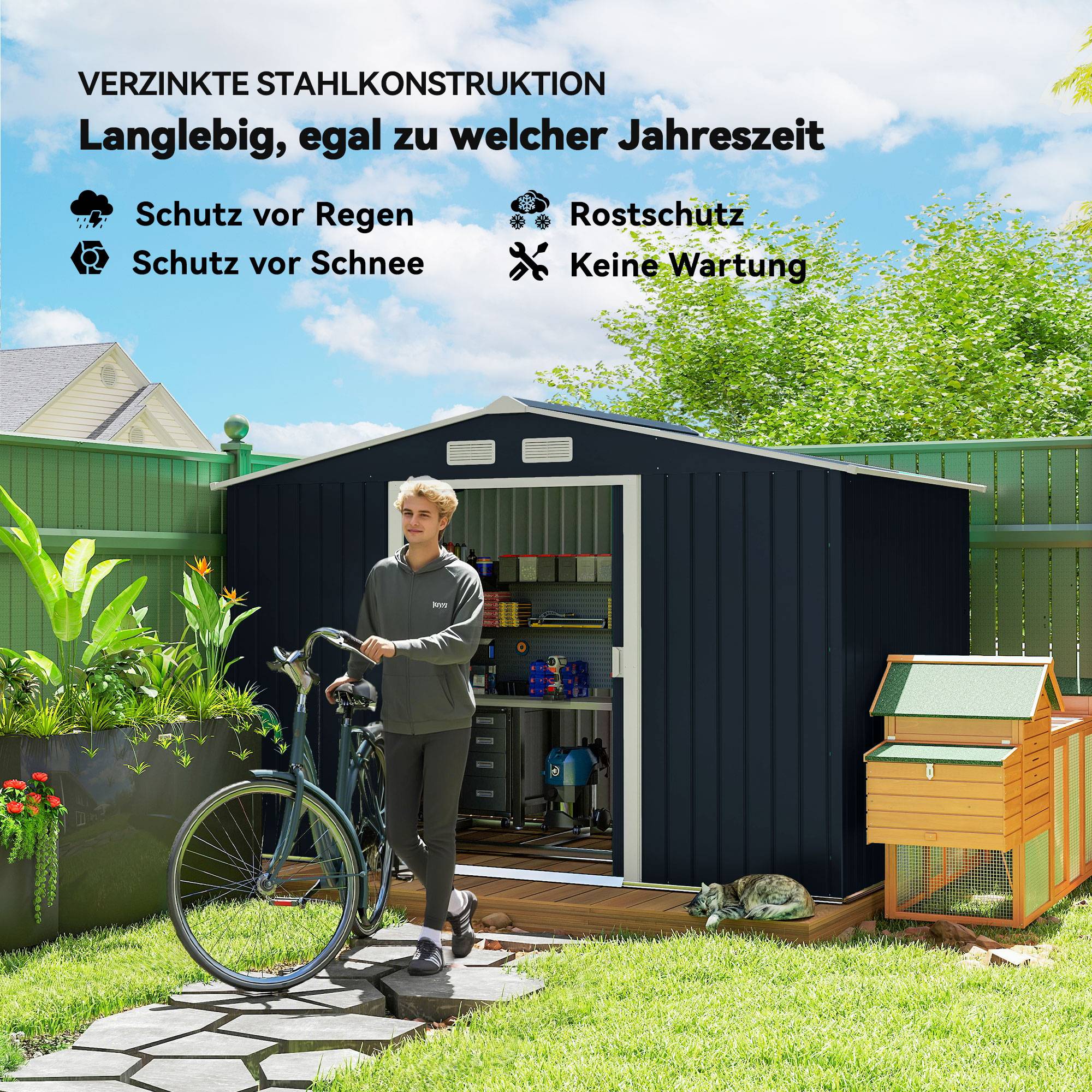 Abri de jardin Outsunny portes coulissantes 2,77x1,95x1,92 m métal gris anthracite grand cabanon extérieur jardin - Image 6
