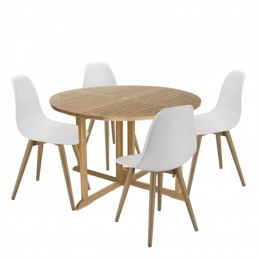 Macabane - MALO - SALON DE JARDIN 4 PERS. - 1 Table ronde 120x120cm et 4 chaises blanches pieds couleur naturelle - Imagen 1
