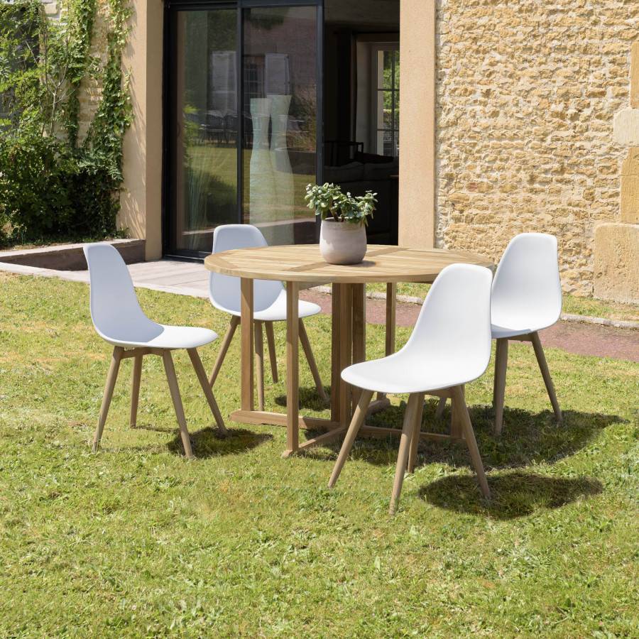 Macabane - MALO - SALON DE JARDIN 4 PERS. - 1 Table ronde 120x120cm et 4 chaises blanches pieds couleur naturelle - Imagen 2