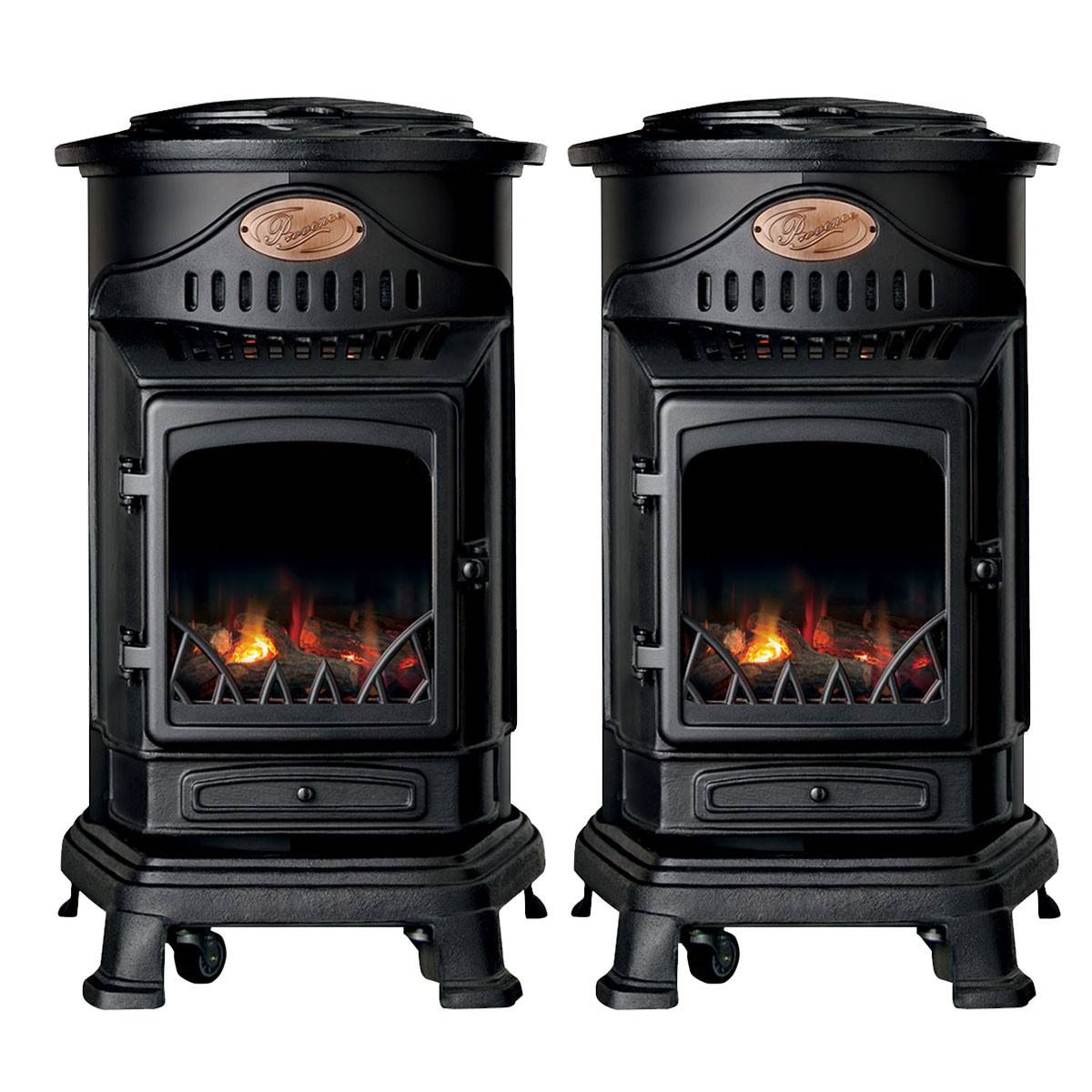 Pack de 2 Poêles à gaz Noir Provence en fonte 3,4KW Effet feu Chauffage d'appoint gaz sur roues - Imagen 1