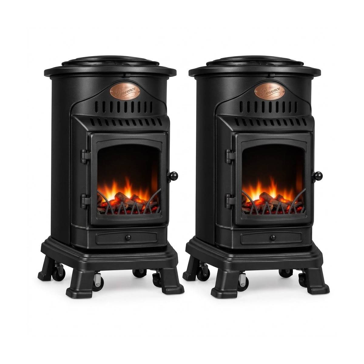 Intec - Pack de 2 Poêles à gaz Noir Provence en fonte 3,4KW Effet feu Chauffage d'appoint gaz sur roues - Imagen 1