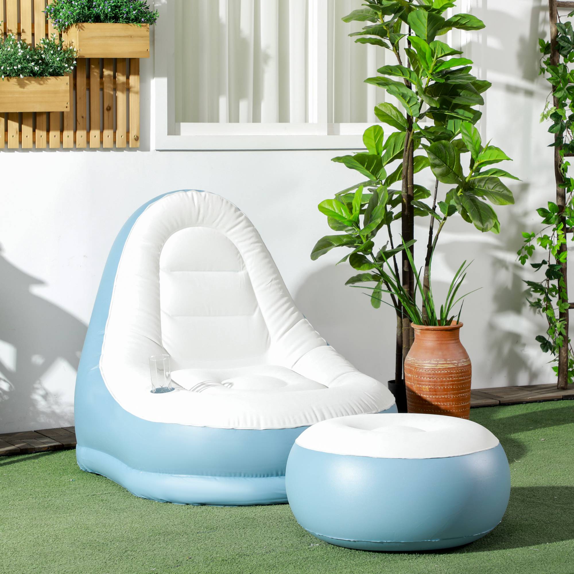 Fauteuil gonflable plastique blanc et bleu 125 x 100 x 87 cm - PANGIVO - Image 4